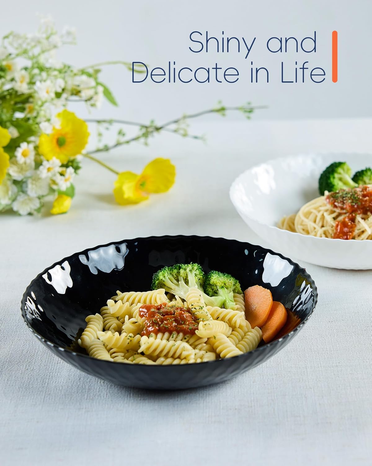 LaGlint 30 OZ Opal Glass Pasta Bowls - Set of 6 Black 8.5-Inch Round Serving Bowls | Microwave & Dishwasher Safe