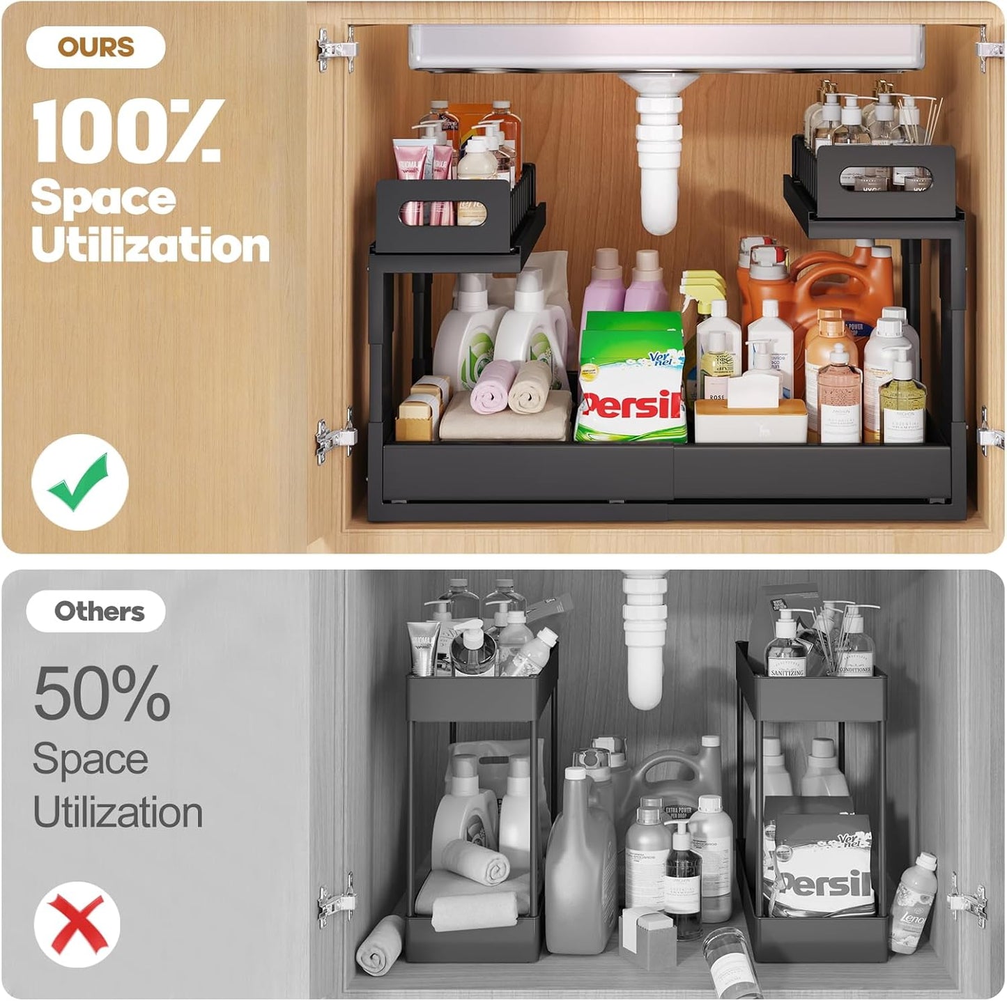 Skiennix Expandable Under Sink Organizer - 2-Tier Adjustable Storage with Ball-Bearing Slides | Black