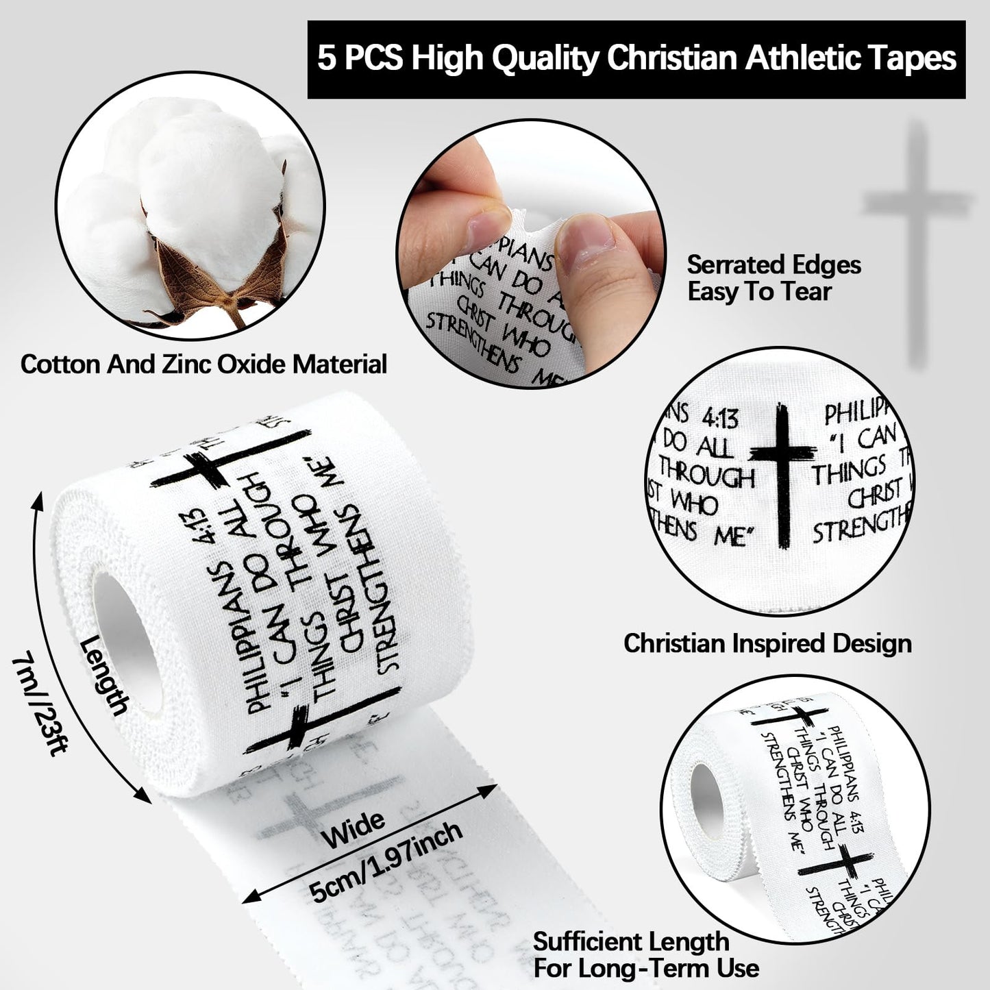 5Pcs Christian Athletic Tape 2in x 23ft Cotton Zinc Oxide Sport Faith Cross Sports Wristbands Religious Bible Verse Wrist Tape for Football Baseball Athlete Gymnastic Boxing First Aid Injury Wrap