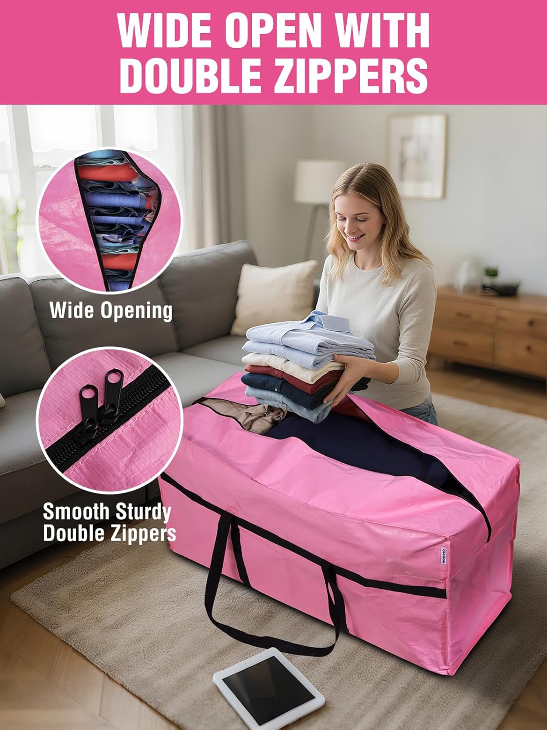 WORKPRO 66 Gallon Extra Large Heavy-Duty Moving Bags - Water-Resistant Storage Totes, 2-Pack | Pink