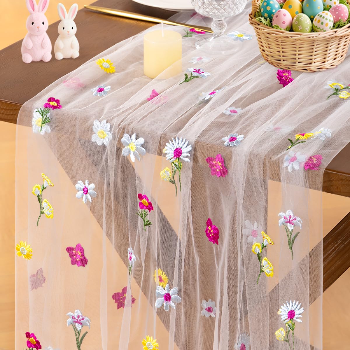 Socomi Embroidery Floral Table Runner Spring Wildflower Gauze Tulle Cheesecloth Seasonal Table Runners for Wedding Party Baby Shower Birthday Holiday Picnic Home Decor