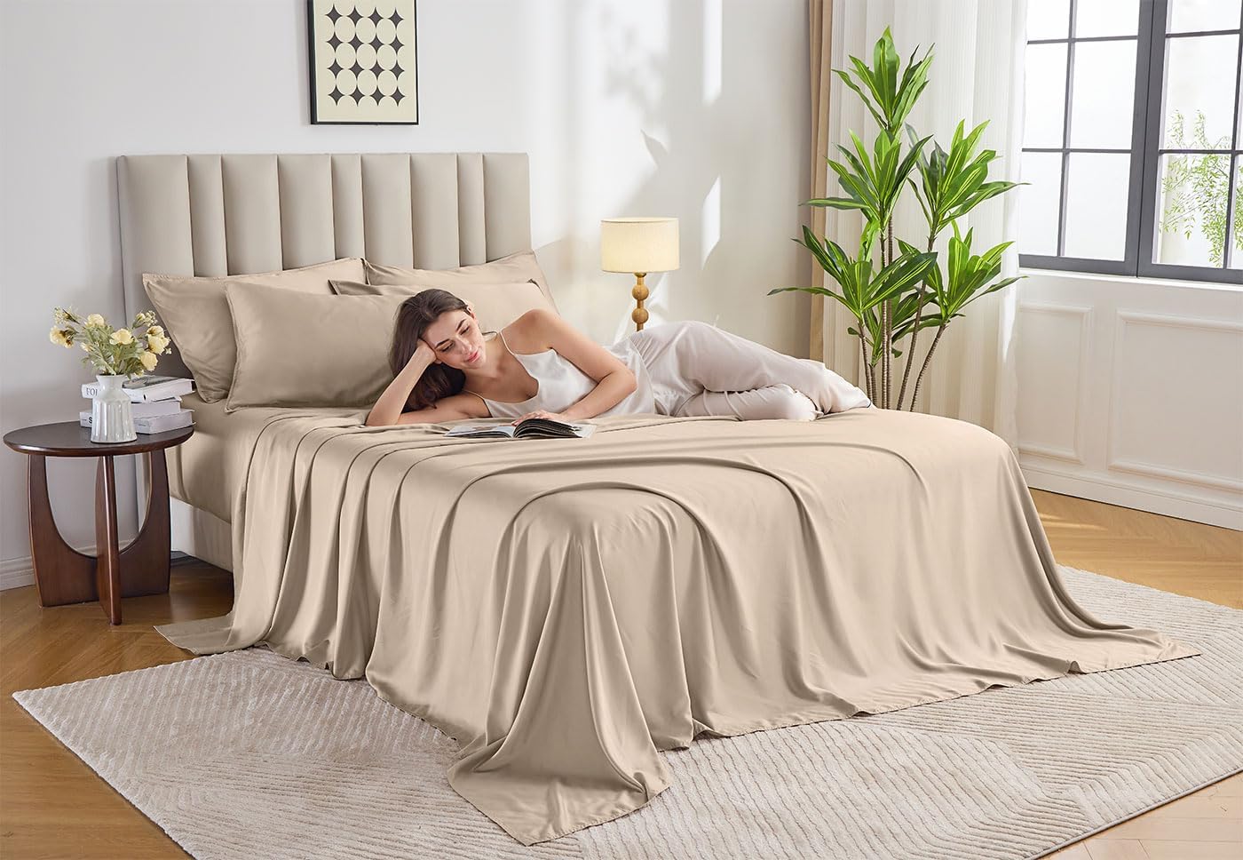 Pure Bamboo Twin Sheets - Luxuriously Soft & Cooling 100% Organic Viscose Bed Sheet Set | Almond Color, Double Stitching