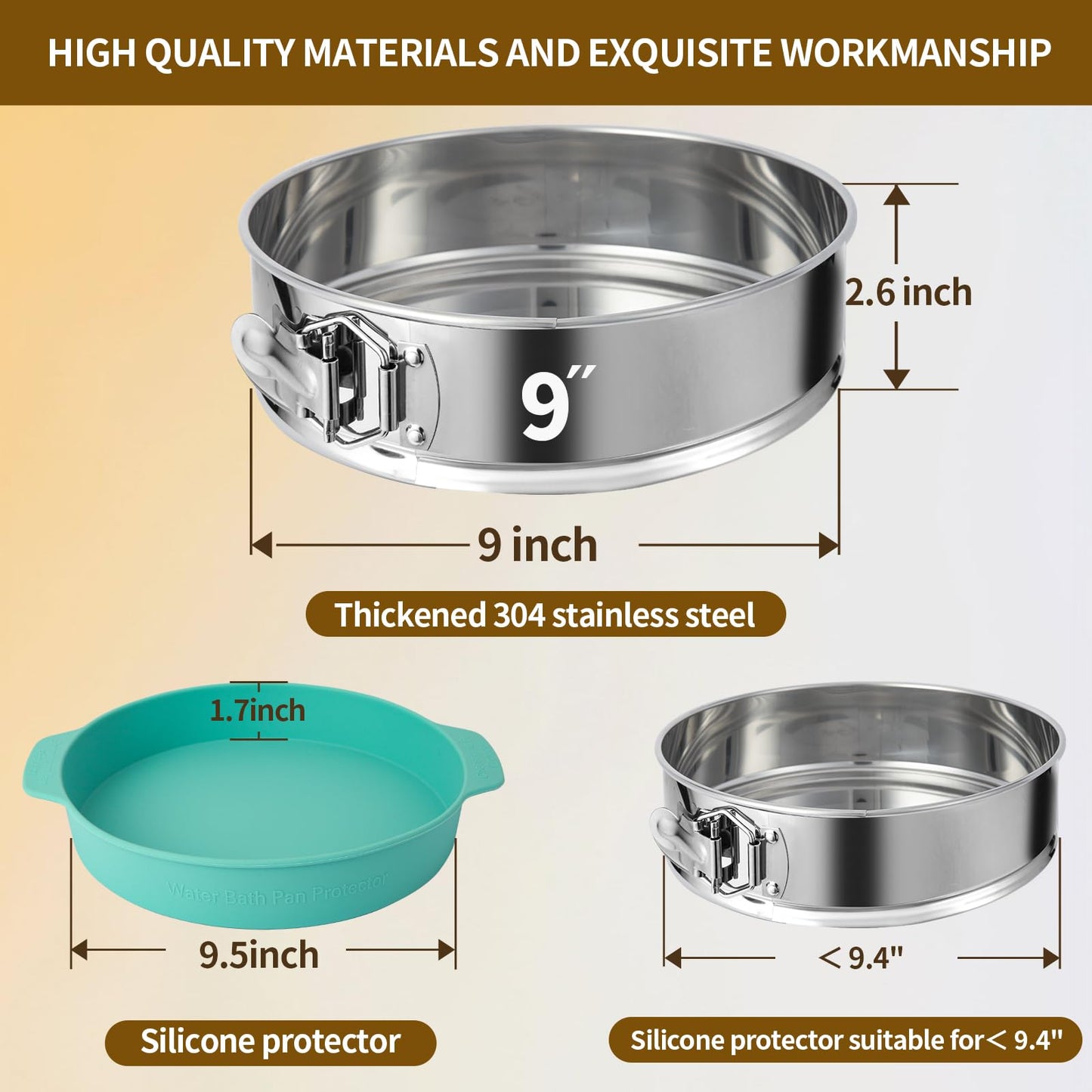 OYAOL 9 Inch Springform Pan - 304 Stainless Steel Nonstick Springform Cake Pan with Removable Bottom, 10 Inch Silicone Leakproof Cheesecake Pan Protector with Parchment Paper