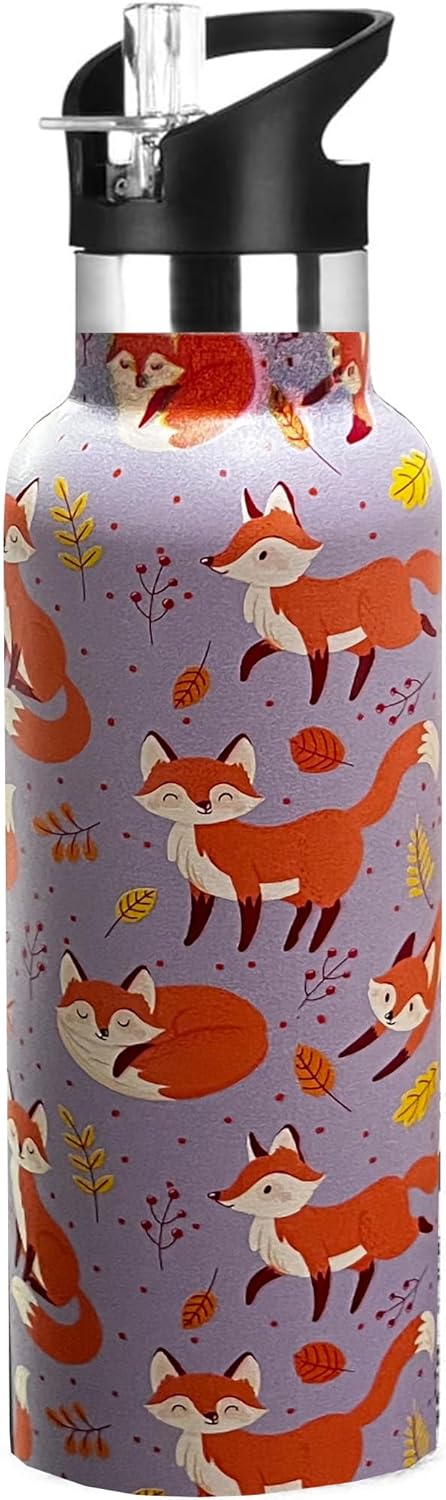 Skiennix Kids Water Bottle - Vacuum Insulated Stainless Steel Tumbler with Straw | 20 oz Fox Design for Sports & School