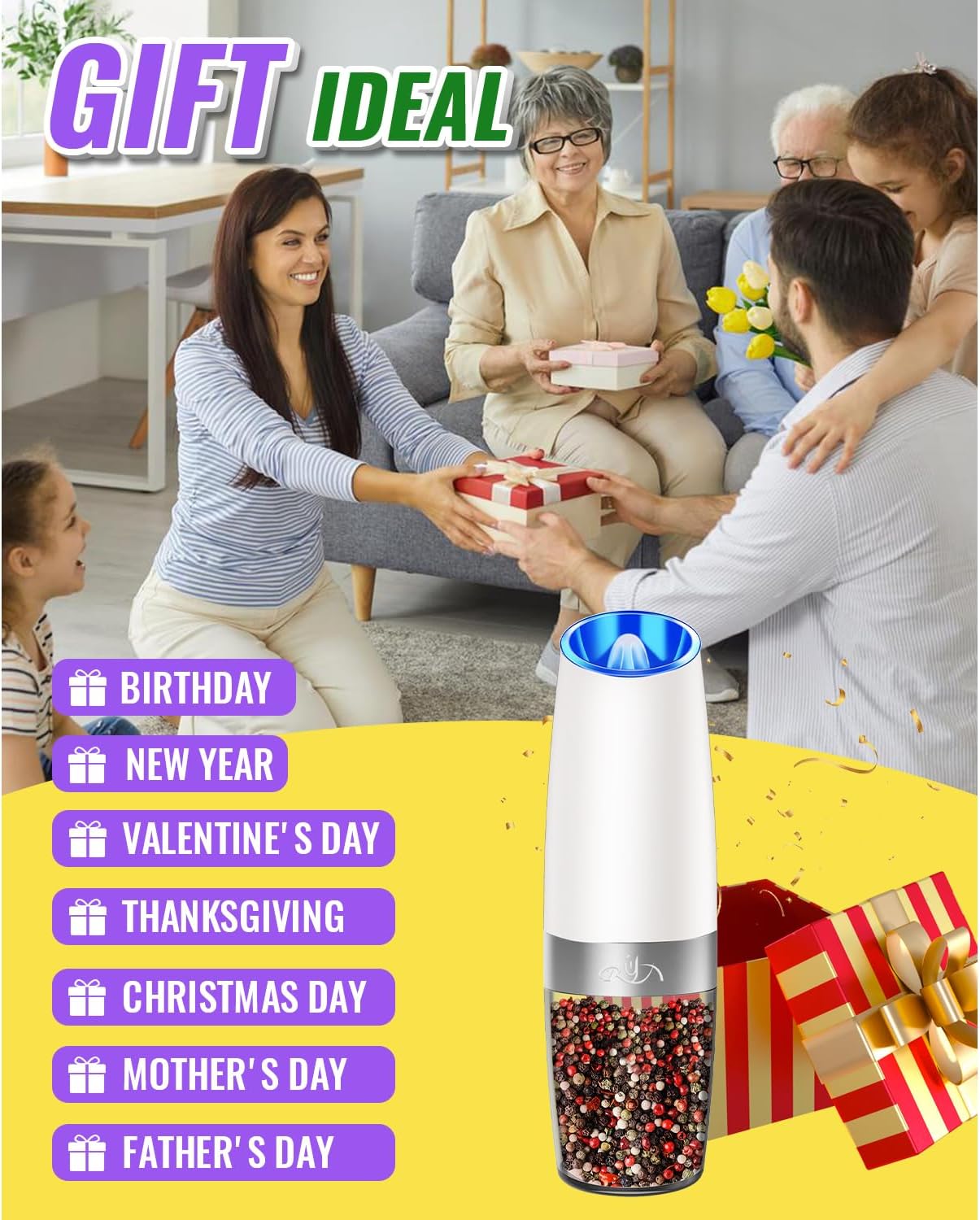 Rongyuxuan Electric Pepper and Salt Mill Set - Automatic Grinder with Blue LED Light, Adjustable Coarseness