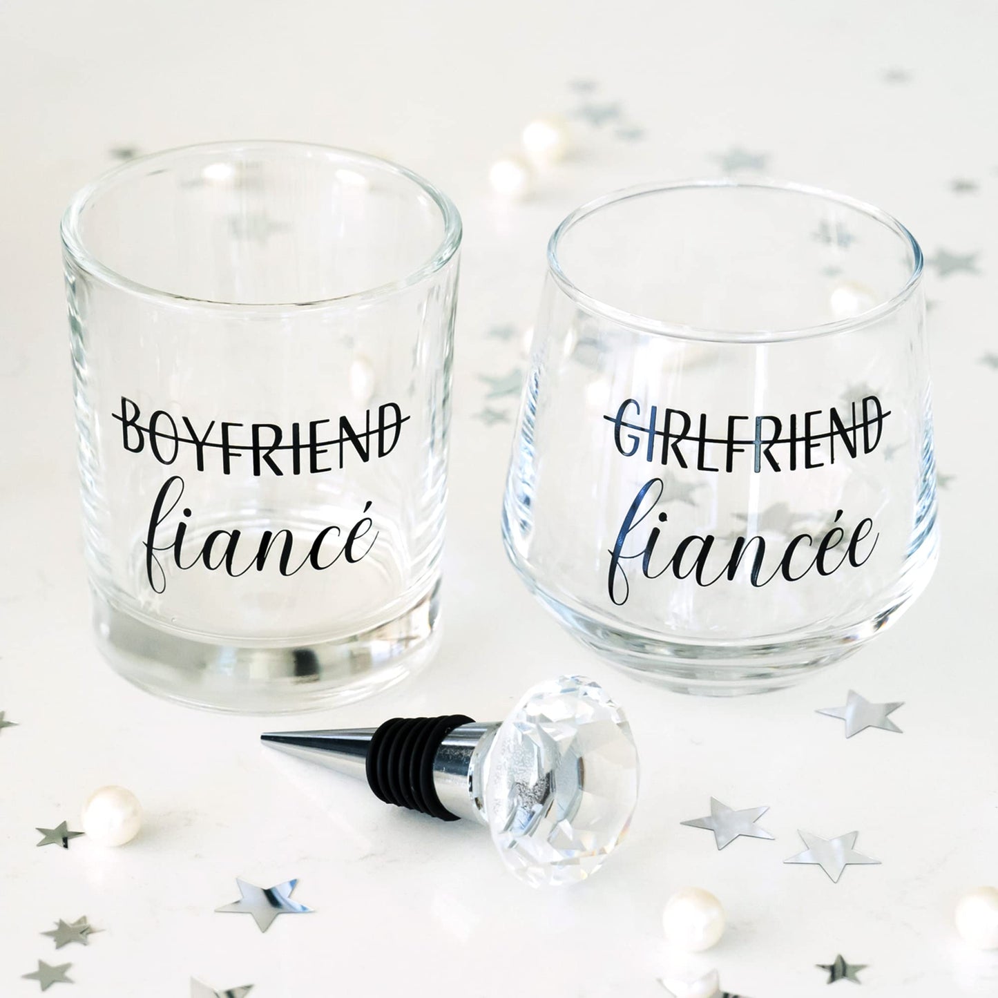 Newlywoo Engagement Gifts for Couples — Engagement Gifts for Newly Engaged Couples, Unique Fiance Gifts for Him or Her! Whiskey Wine Glasses with Diamond Wine Stopper