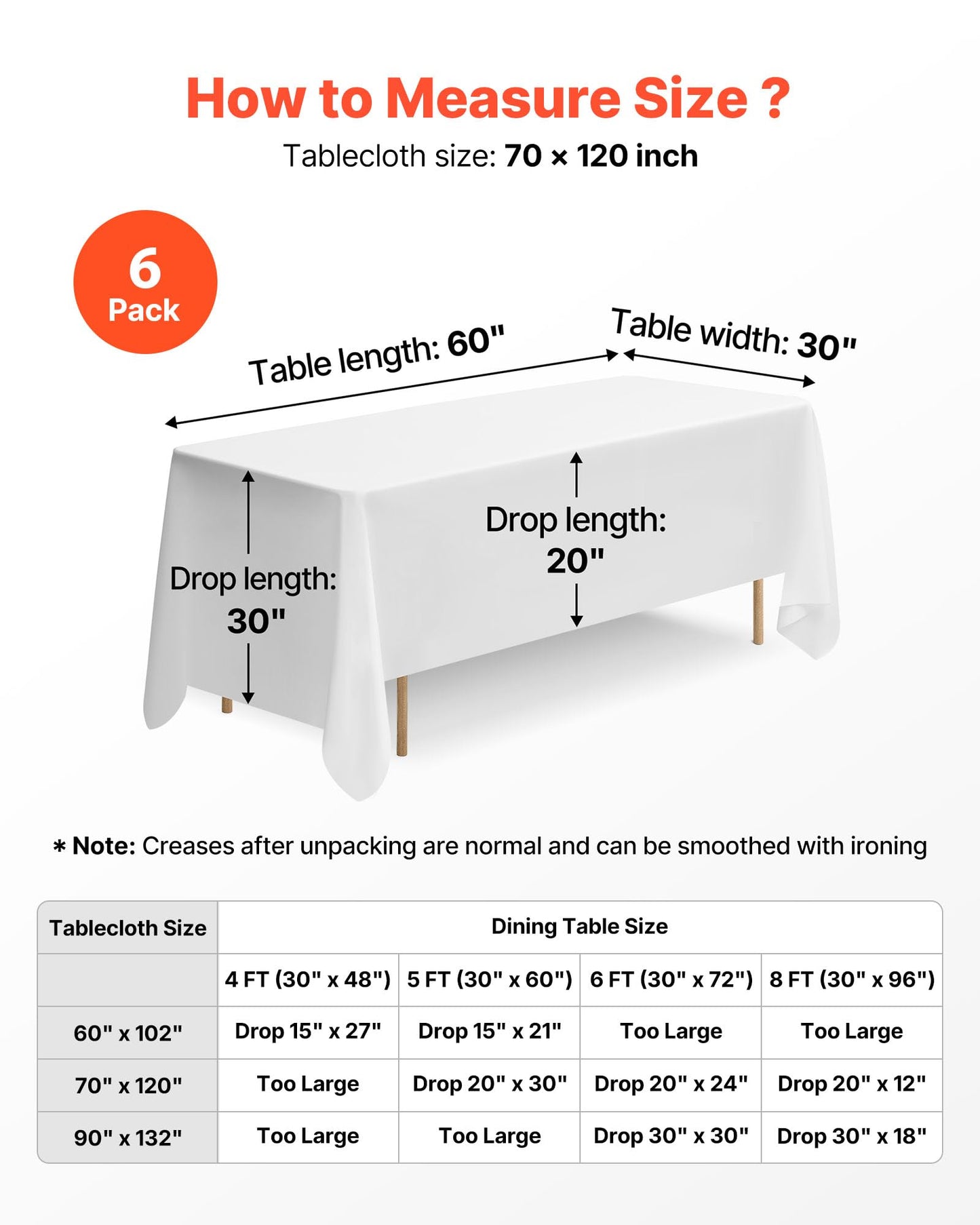 VEVOR White Tablecloths for Rectangle Tables, 6 Pack, 70 x 120 Inches, Reusable and Machine Washable Table Clothes, Wrinkle-Resistant Polyester Fabric Table Covers for Wedding, Party, Banquet