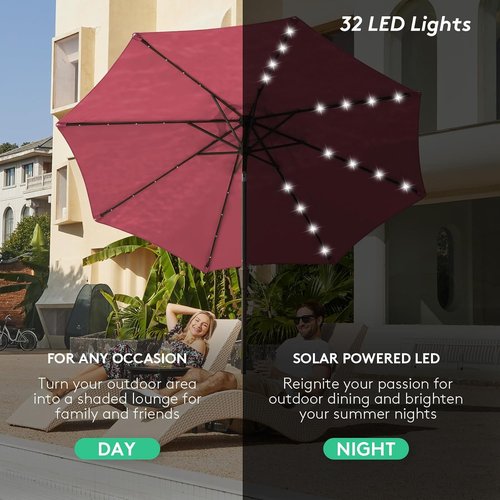 JEAREY 9FT Outdoor Patio Umbrella - LED Lighted with Solar Lights, Tilt & Crank - Burgundy Color for Deck & Yard