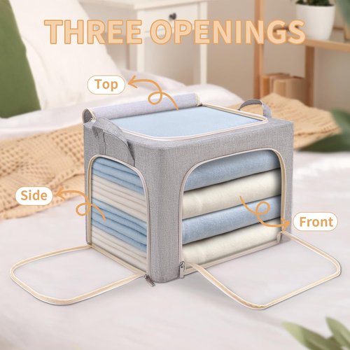 Combocube Clothes Storage Bins - Stackable & Foldable with 3-Side Zippered Openings | Linen Fabric, Large Clear Window, 3 Pack