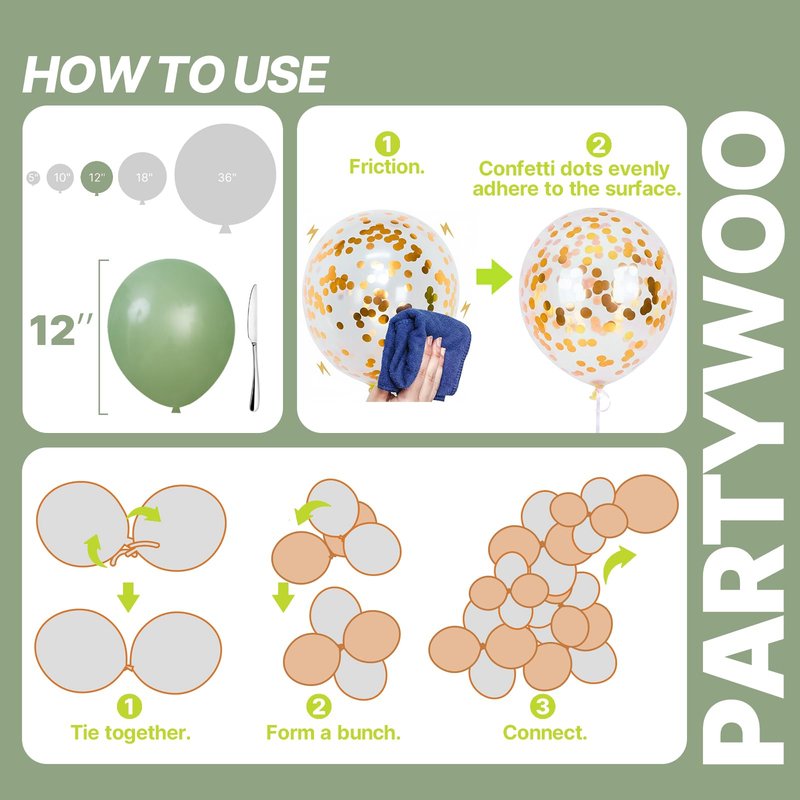 PartyWoo Sage Green Balloons 65pcs 12 Inch Metallic Gold Sand White Light Brown Gold Confetti Balloons for Baby Shower Wedding Engagement Jungle Woodland Forest Birthday Party Decorations