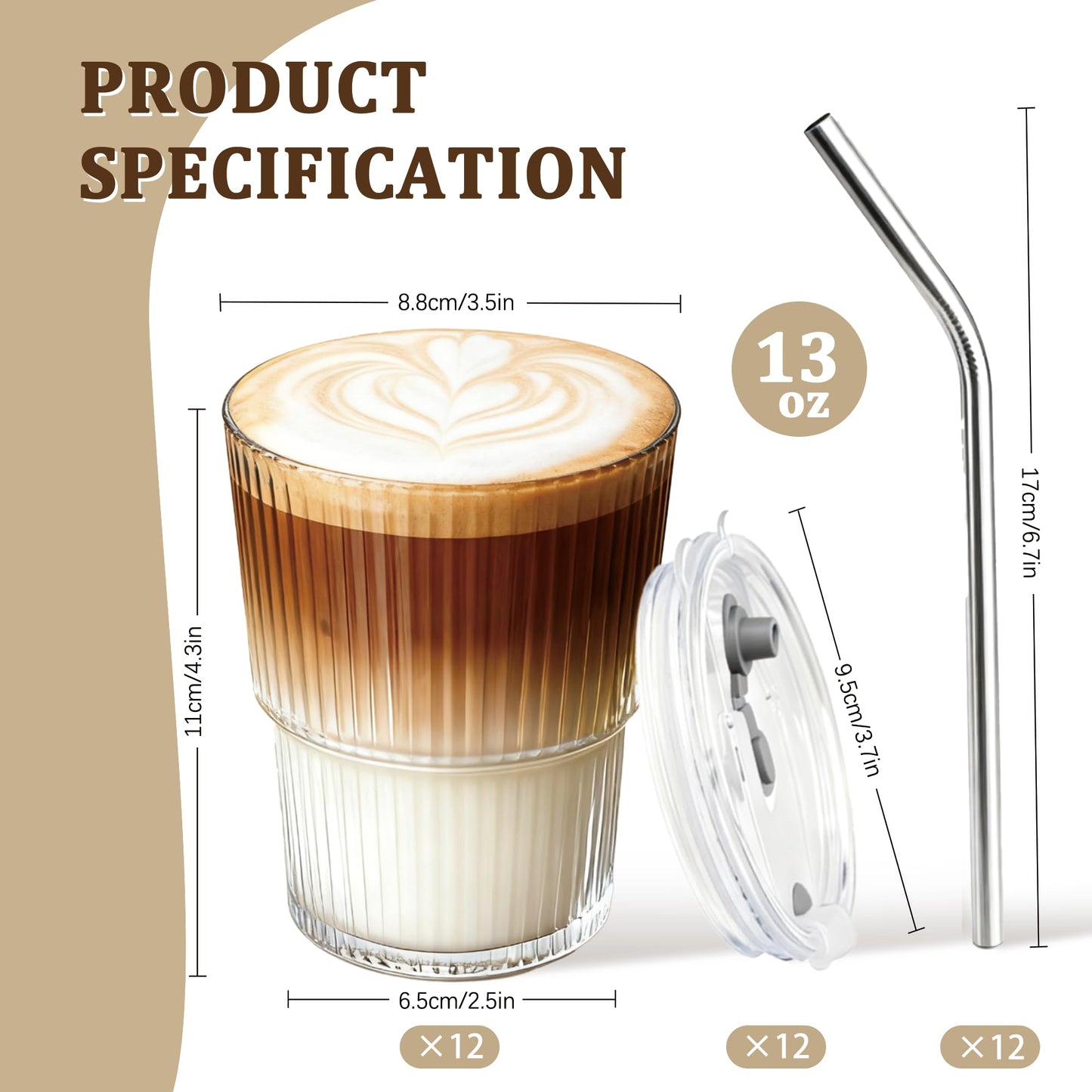 12 Packs Ribbed Glass Tumbler with Lid and Straw 13 oz Cute Ice Coffee Cup Set Bulk Vasos de Vidrio Con Tazas Para Cafe Cocina Accesorios Home Bar Accessories New Home House Warming Gift Kitchen Stuff
