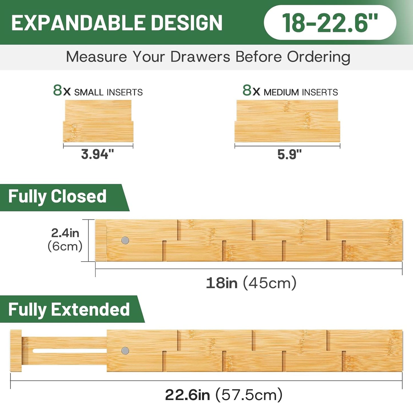 Kiplant Bamboo Drawer Dividers - Adjustable Organizers for Clothes & Kitchen | 8 Pack, 18-22.6 Inches, Non-Slip Ends