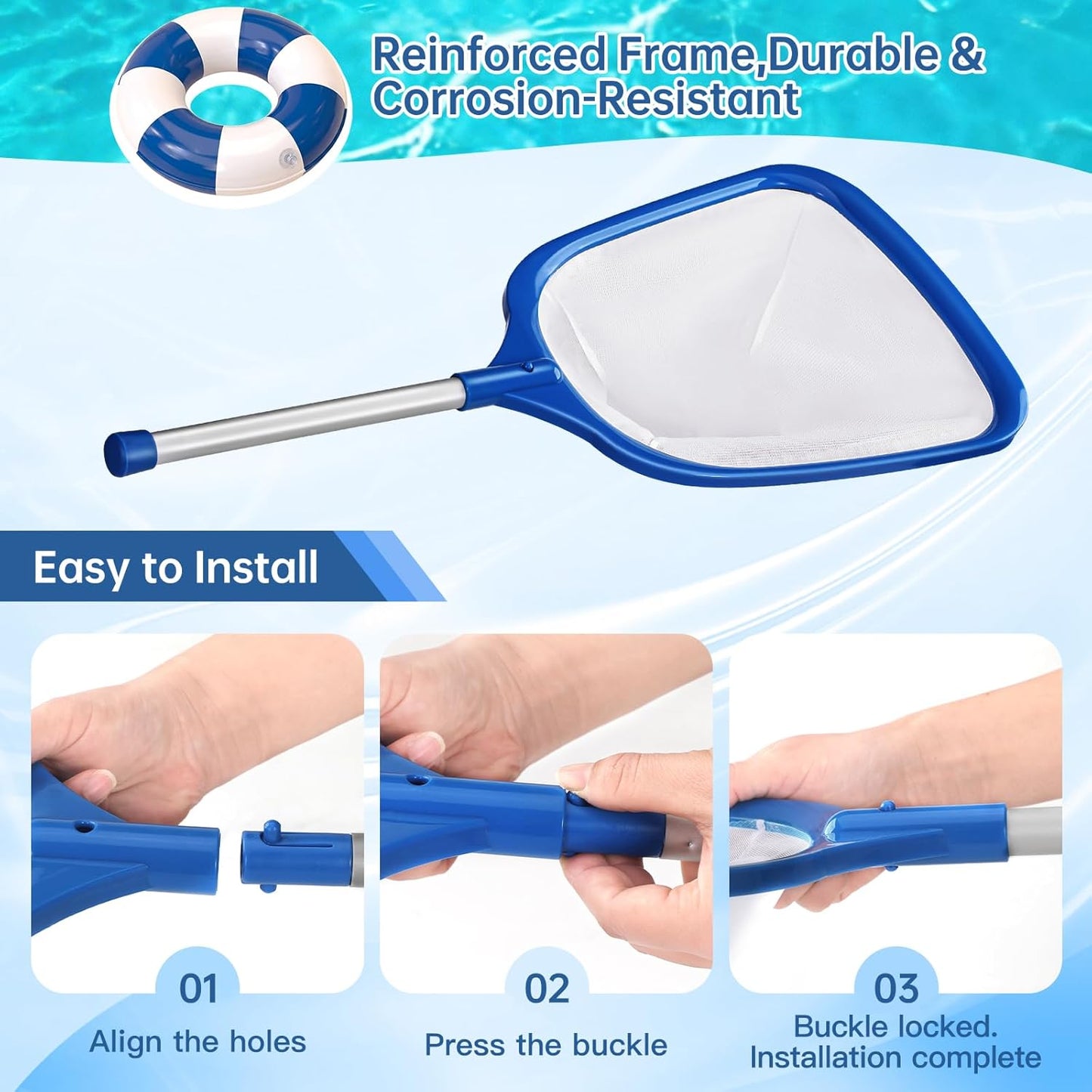 Skiennix Pool Skimmer Net - Professional Leaf Rake Cleaning Tool with Fine Nylon Mesh Bag - Blue & White