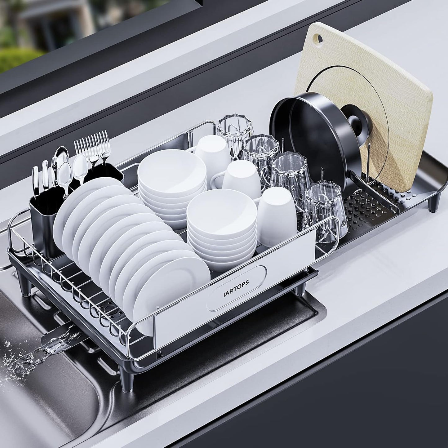 Skiennix Dish Drying Rack - Expandable Stainless Steel Strainer with Drainboard | Large Capacity, Glass & Utensil Holder