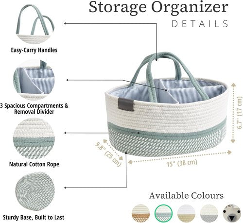 DECOMOMO Baby Caddy Organizer - Large Diaper Caddy Basket in Sage Green & White for Baby Showers