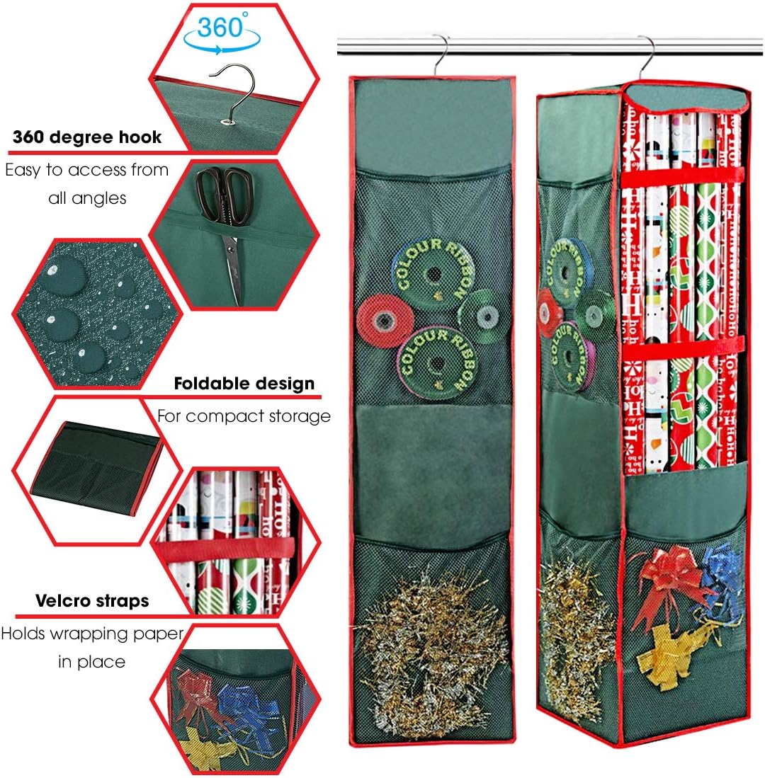 ProPik Christmas Wrapping Paper Storage Bag - Swivel Hanger with Multiple Pockets | Holds 25 Rolls, 40 Inch, Green