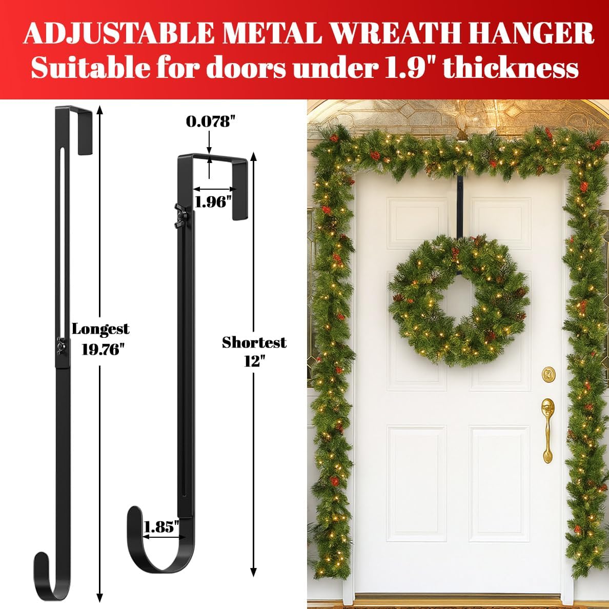 Metal Wreath Hanger for Front Door, Adjustable Wreath Hanger from 12-20", Single Hook, Heavy Duty, Holds up to 20 lbs, Over-the-Door Hook for Hanging Easter, Halloween, Fall, Christmas Decorations