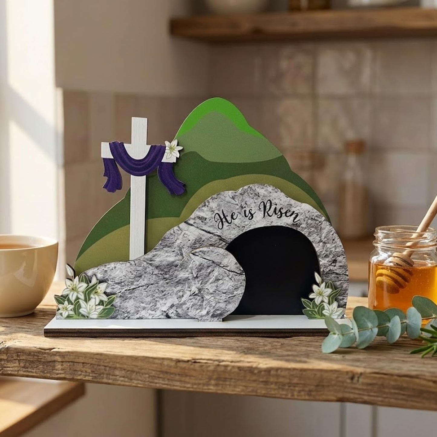 Lemonus He is Risen Easter Nativity Set - Empty Tomb Decor with Stone Texture & Scripture Verse | Christian Easter Tabletop Display for Home, Church Altar | Religious Resurrection Decorations