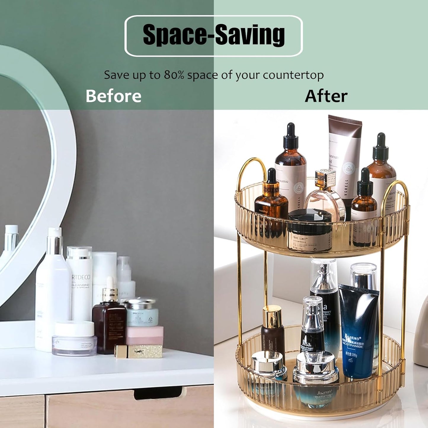 Skiennix Rotating Makeup Organizer - 2-Tier Clear Lazy Susan Trays for Bathroom & Vanity Storage