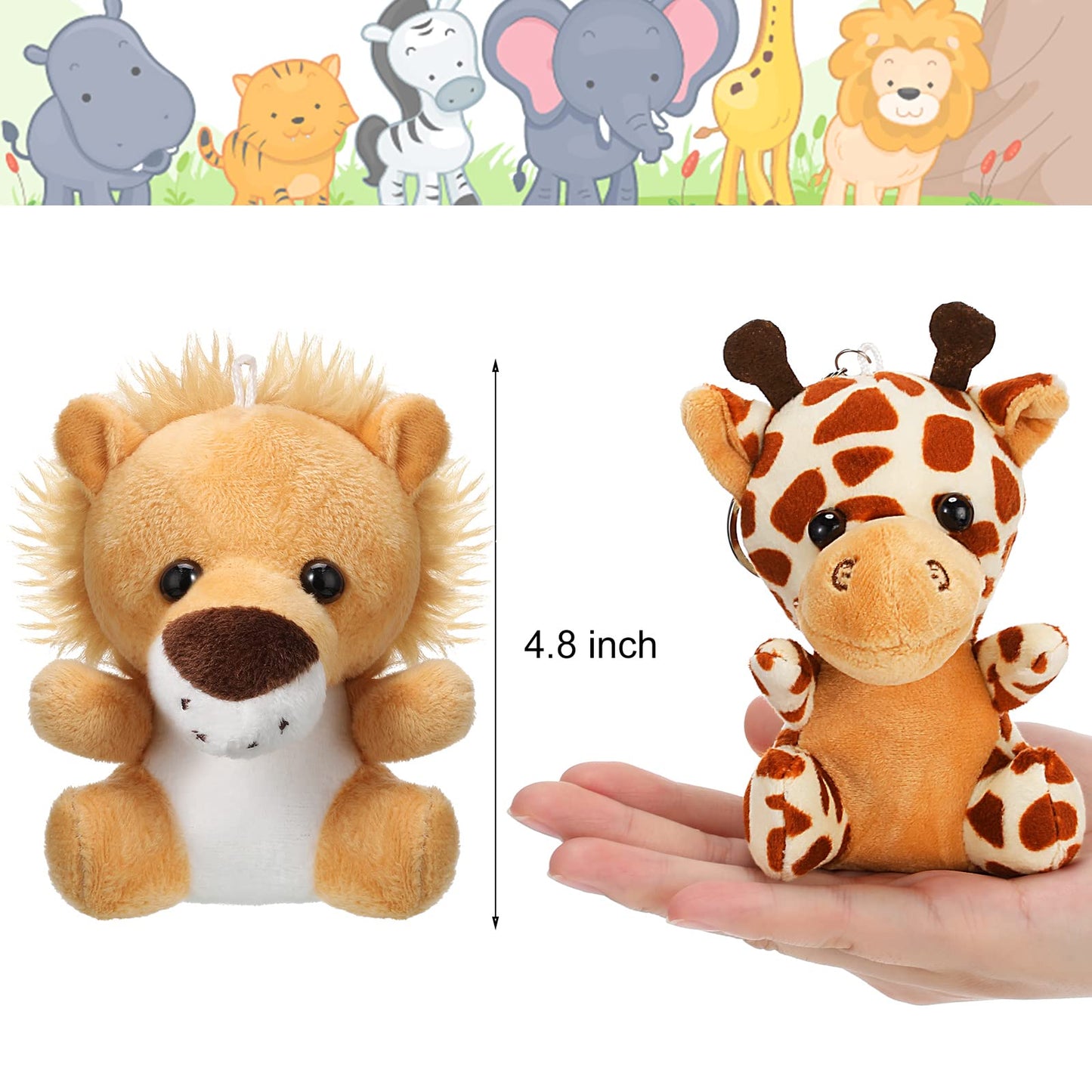 Skylety 12pcs Mini Safari Stuff Animal 3.9 Inch Cute Jungle Stuffed Animal Lion Rabbit Owl Hedgehog Monkey Tiger Zebra Elephant Leopard Hippopotamus Rhinoceros for Easter