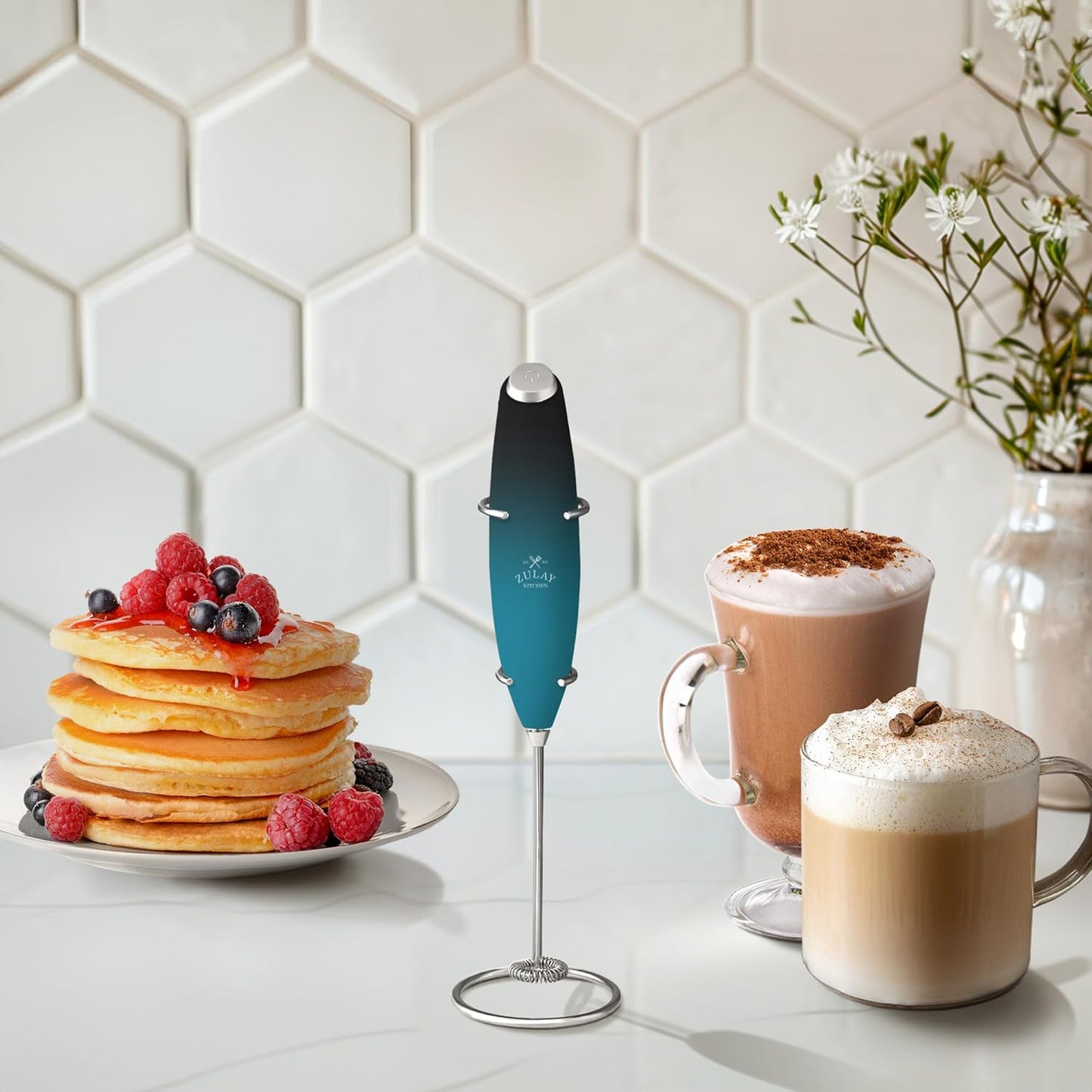 Zulay Kitchen Milk Frother Wand - Ultra-Fast Handheld Electric Whisk for Coffee, Lattes & More - Marine Color