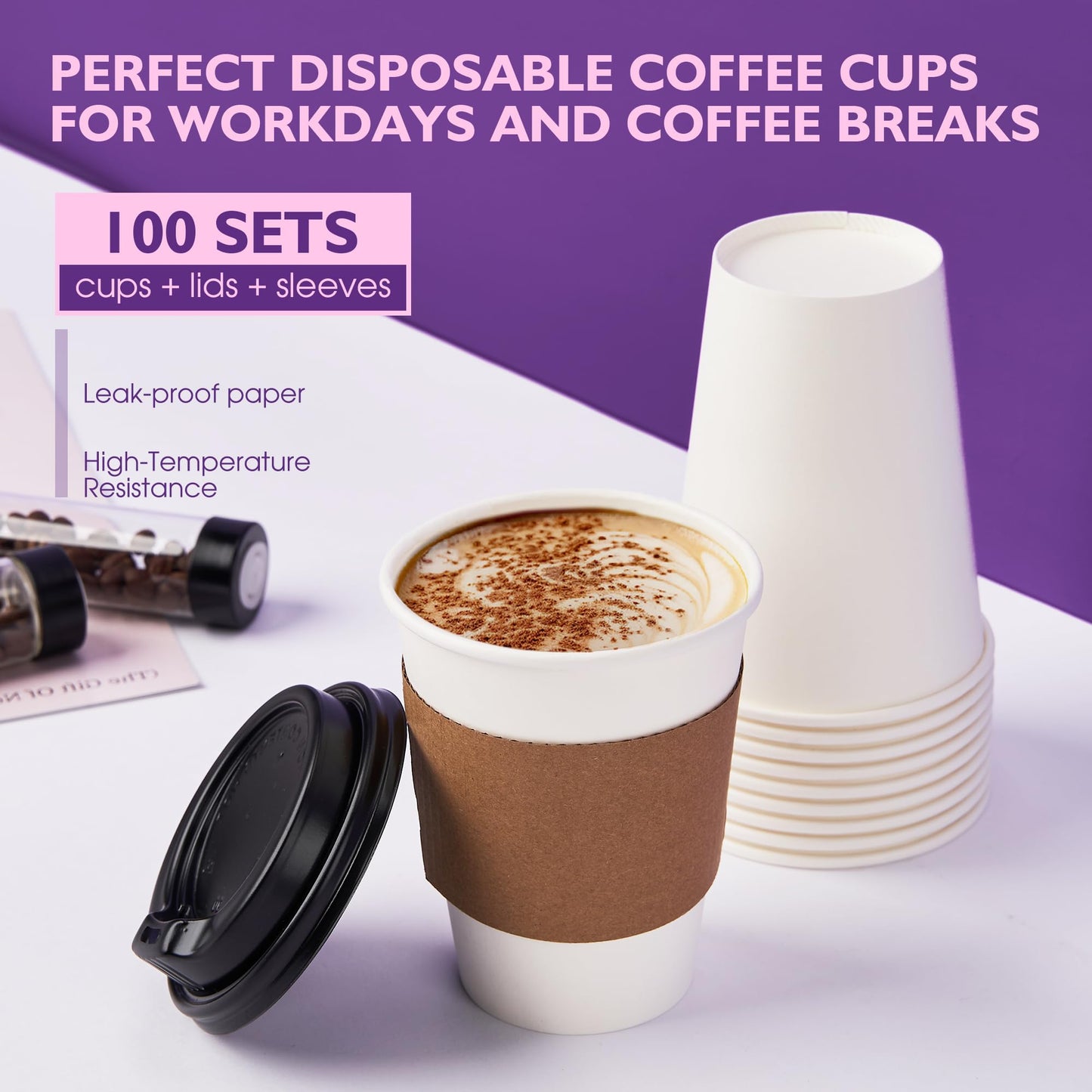 PACKINNO 12 oz 100 Pack Disposable Coffee Cups with Lids and Sleeves, Coffee Paper Cups with Lids, To Go Beverage Drinking Cup for Coffee, Tea
