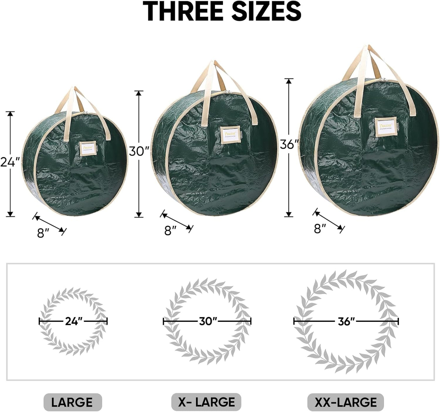 BALEINE Wreath Storage Bags - 2 Pack Tear-Resistant Holiday Wreath Containers (Green, 24"x8")