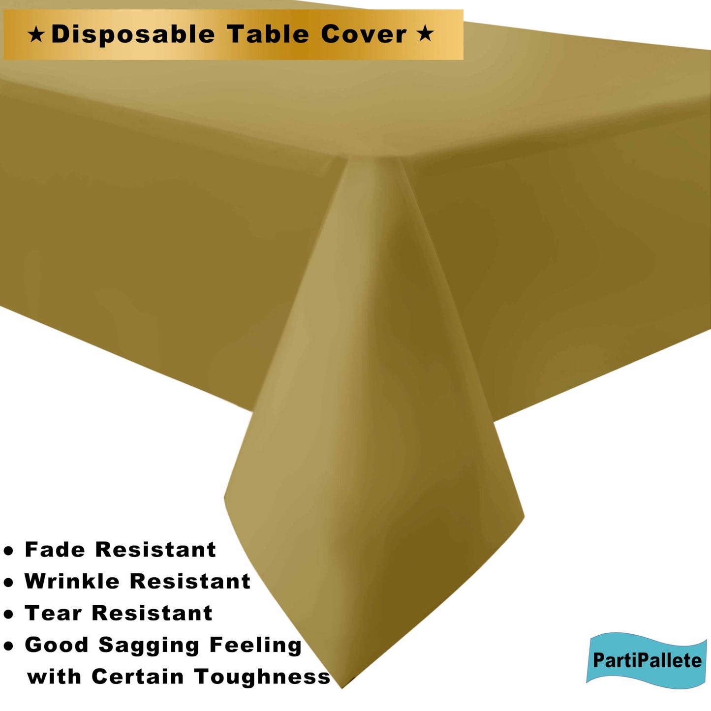 PartiPallete 3-Pack Premium Plastic Gold Tablecloth Disposable 54" x 108" Rectangle Table Cover Party PEVA Golden Table Cloths for Fall Parties Harvest Graduations Anniversary Thanksgivings Events