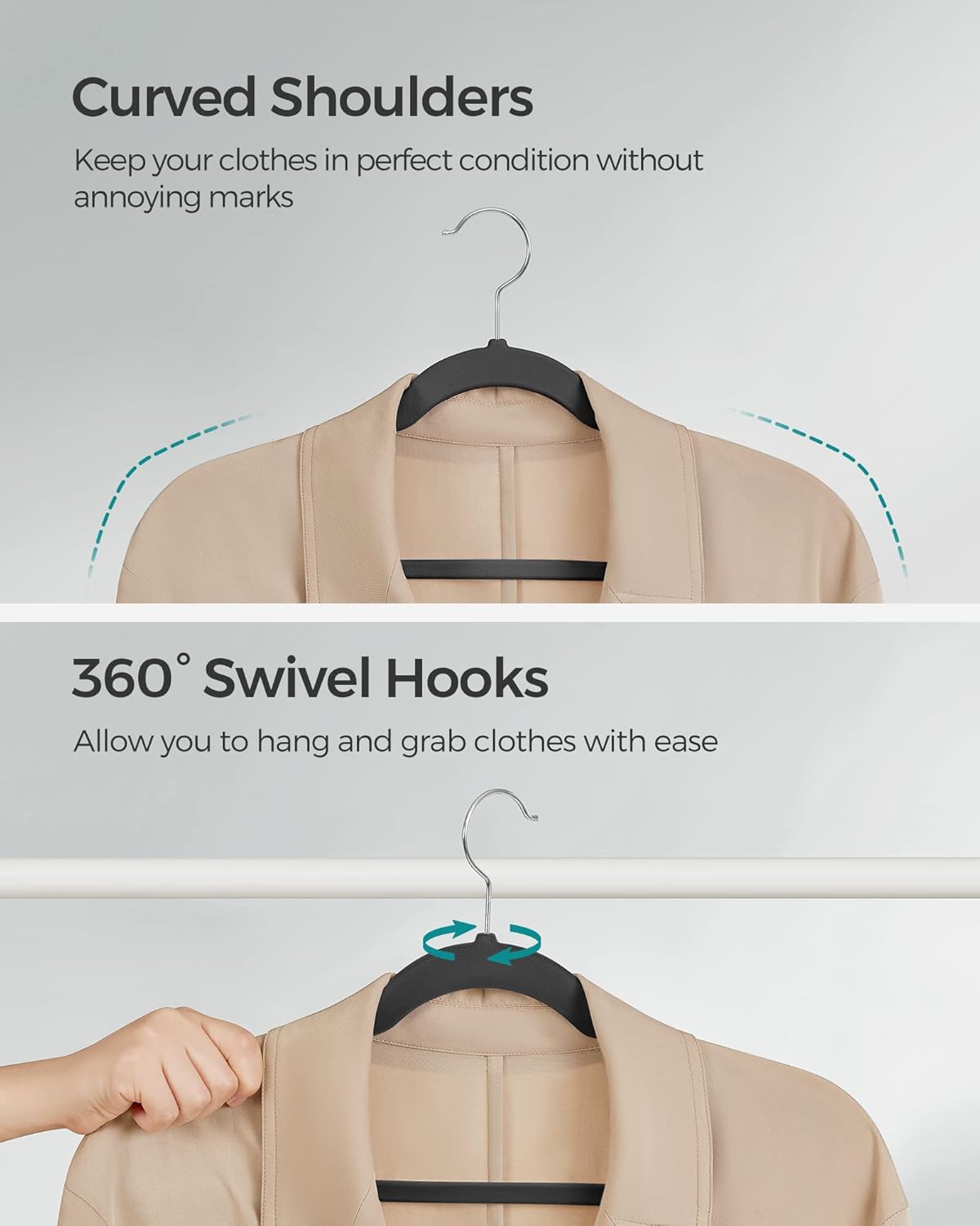 SONGMICS Velvet Hangers - 60 Pack Non-Slip Clothes Hangers with 360° Swivel Hook - Ink Black
