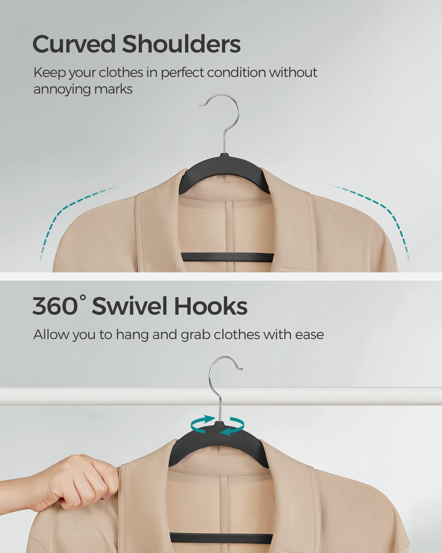SONGMICS Velvet Hangers 50 Pack, Non-Slip Clothes Hangers, with Shoulder Notches, Pants Bar, 360° Swivel Hook, Space-Saving, for Closet, Ink Black UCRF029B05
