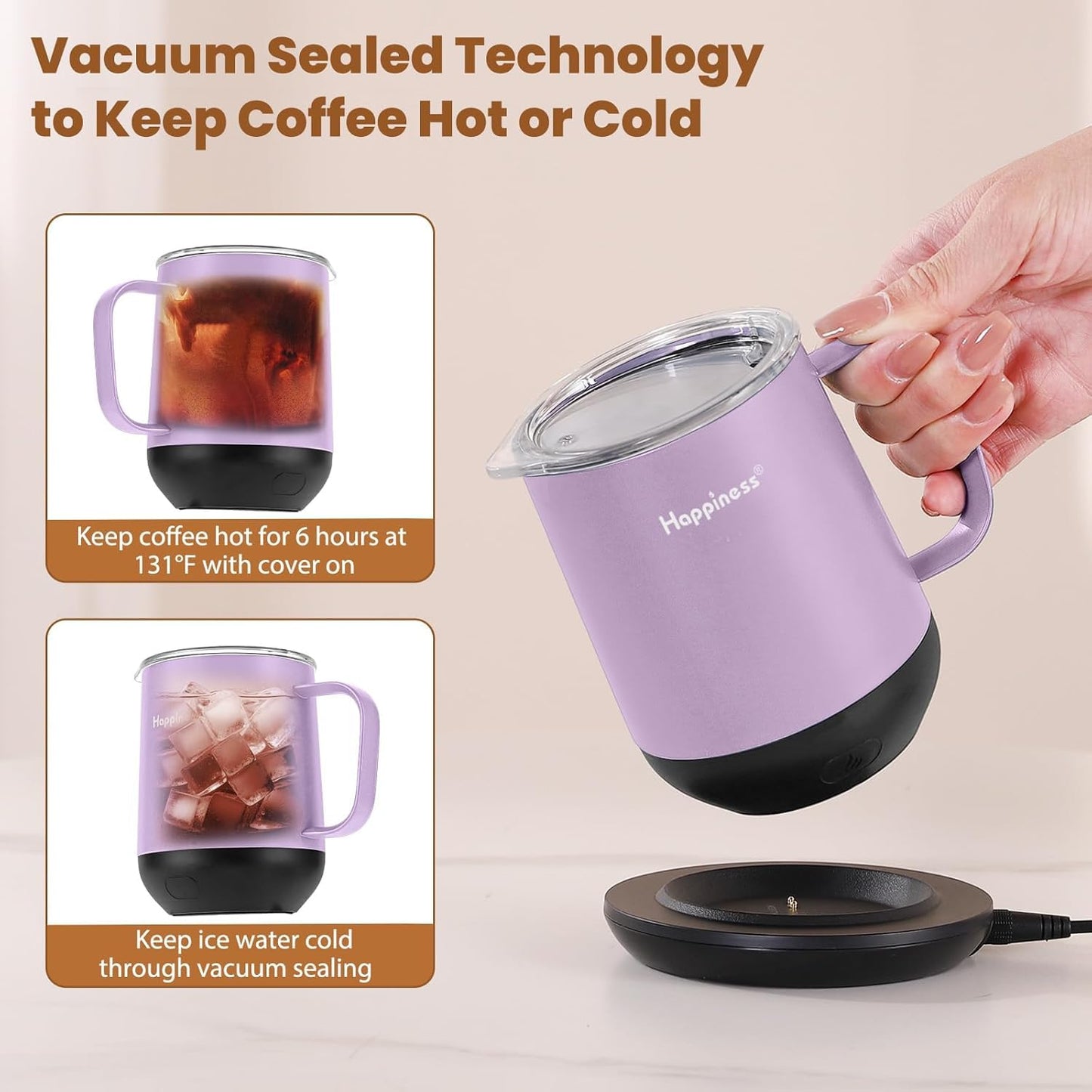 Happiness Smart Heated Coffee Mug,12oz Rechargeable Electric Self Heating Temperature Control Coffee Cup,Gifts for Mom Dad Grandma Wife