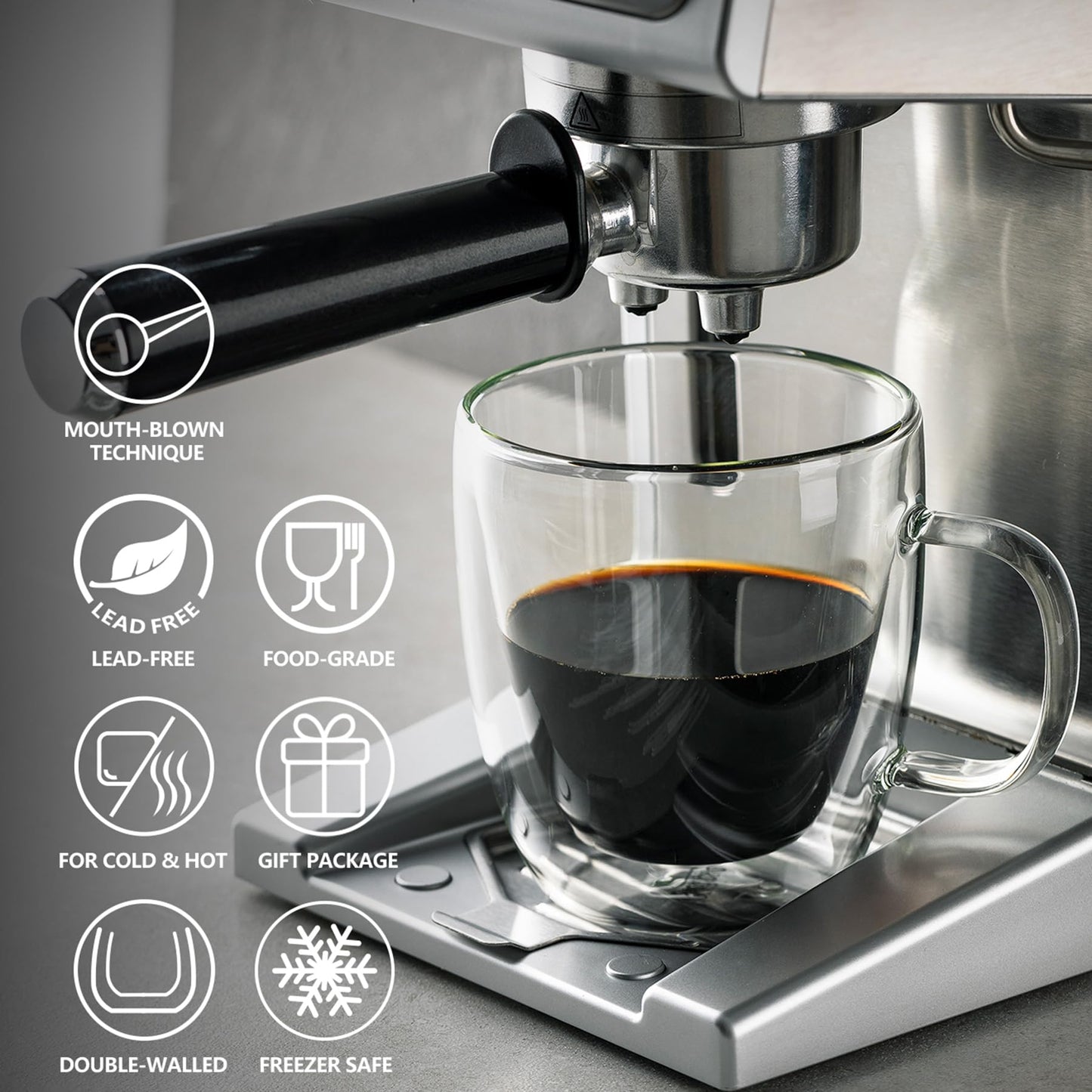 Sweese 12.5 oz Double Wall Glass Coffee Mugs Set of 2 - Insulated for Espresso, Latte, Tea Beverages