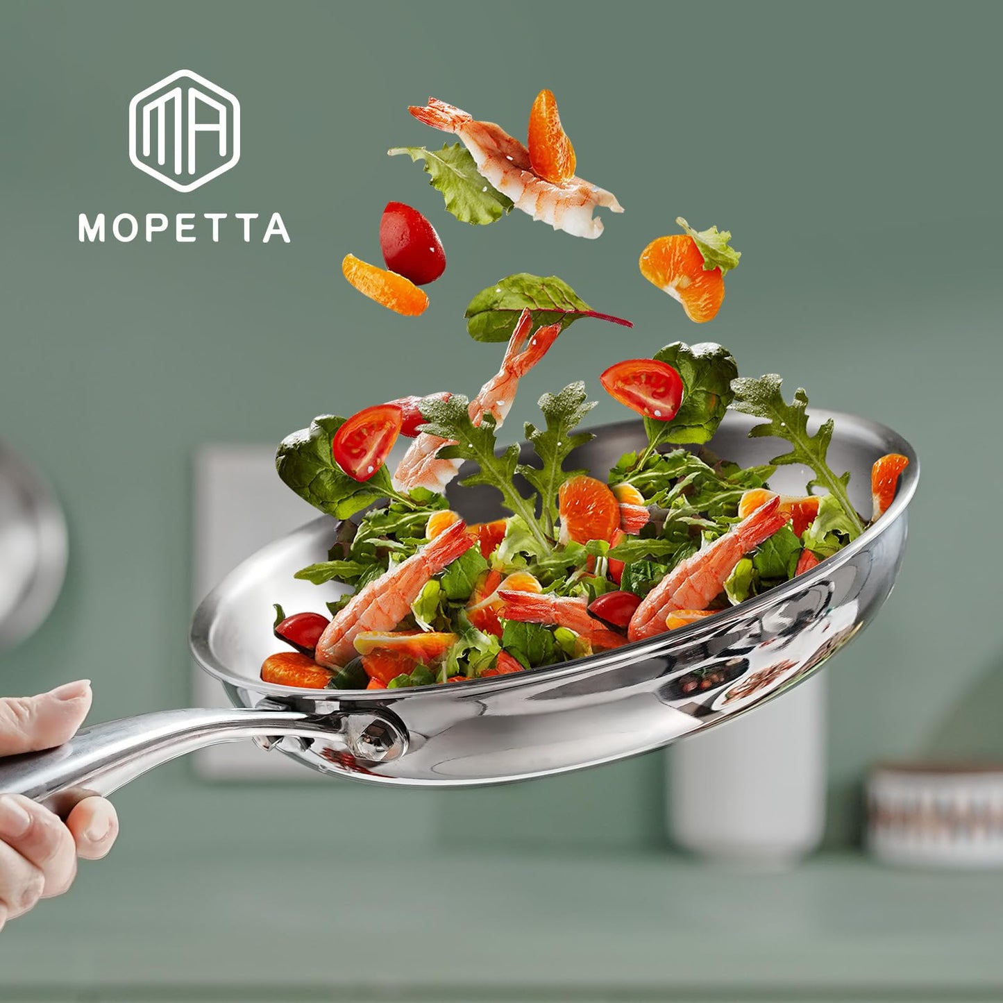 mopetta 10 inch Tri-Ply Stainless Steel Frying Pan,No Coatings PFOA&PTFE Free Skillets,Chef's Pans,Dishwasher and Oven Safe Cookware, Compatible with All Cooktops