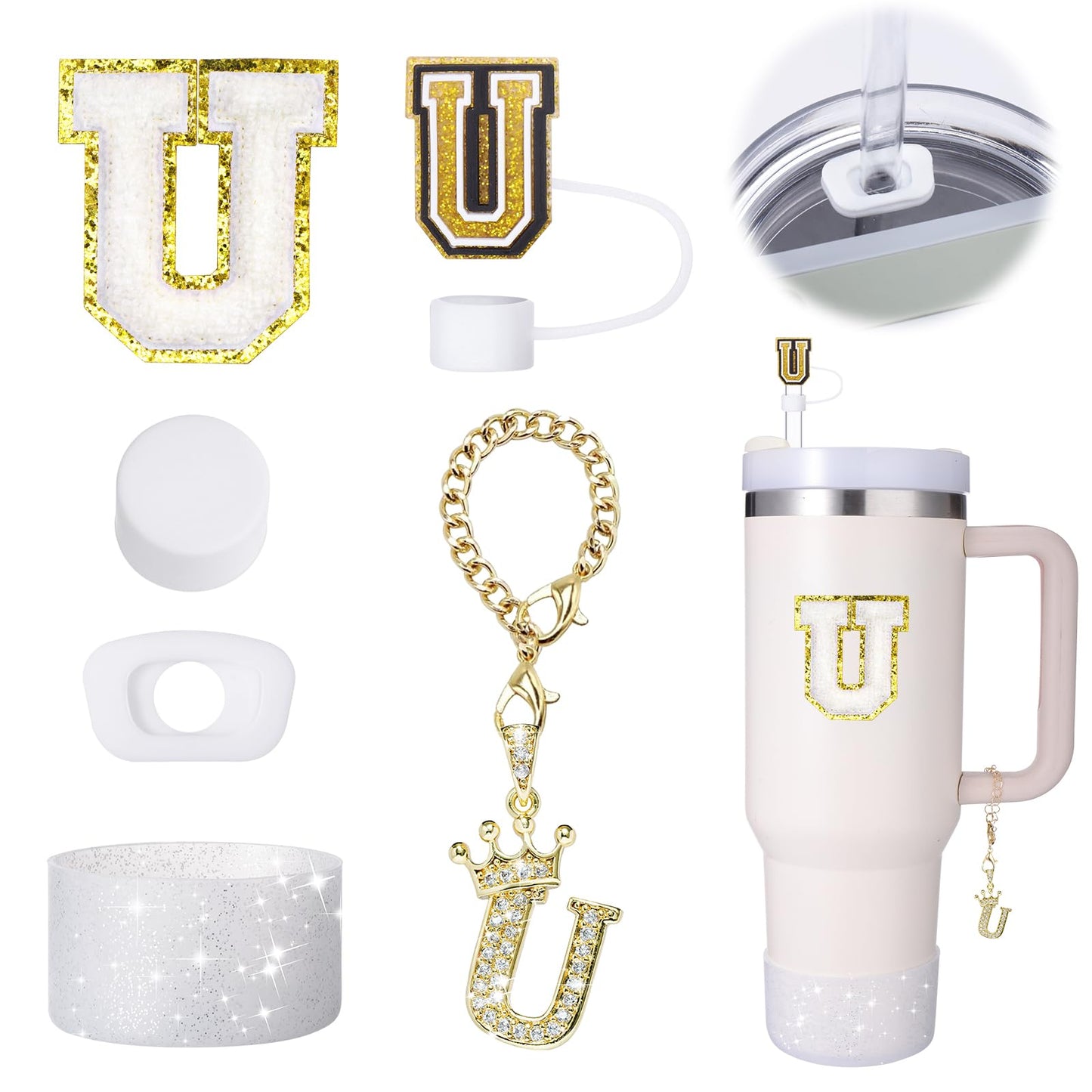 Mity Rain 6-Piece Cup Accessory Set for Stanley 30 oz & 40 oz Tumbler with Handle, Including Straw Cover Cap, Initials Charm, Silicone Boot, Spill-Proof Stopper, Letter U