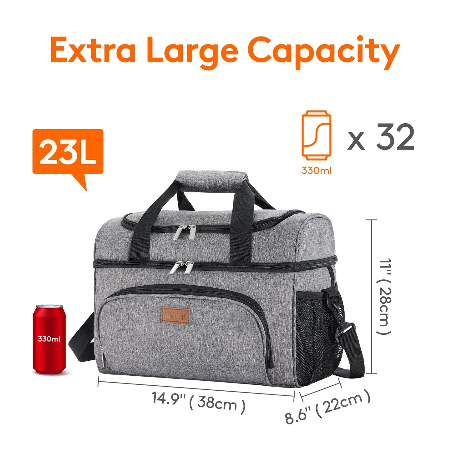 Lifewit Insulated Cooler Bag, 32 Can Large Leakproof Beach Cooler, Lightweight Portable Double Layer Soft-Sided Travel Ice Chest for Camping, Kayaking, Road Trips, Grocery Shopping, Gray