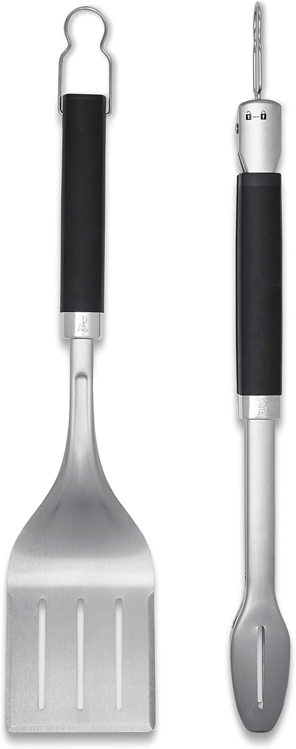 Weber Grilling Tool Set - Stainless Steel Tongs & 3-Sided Spatula with Non-Slip Handles