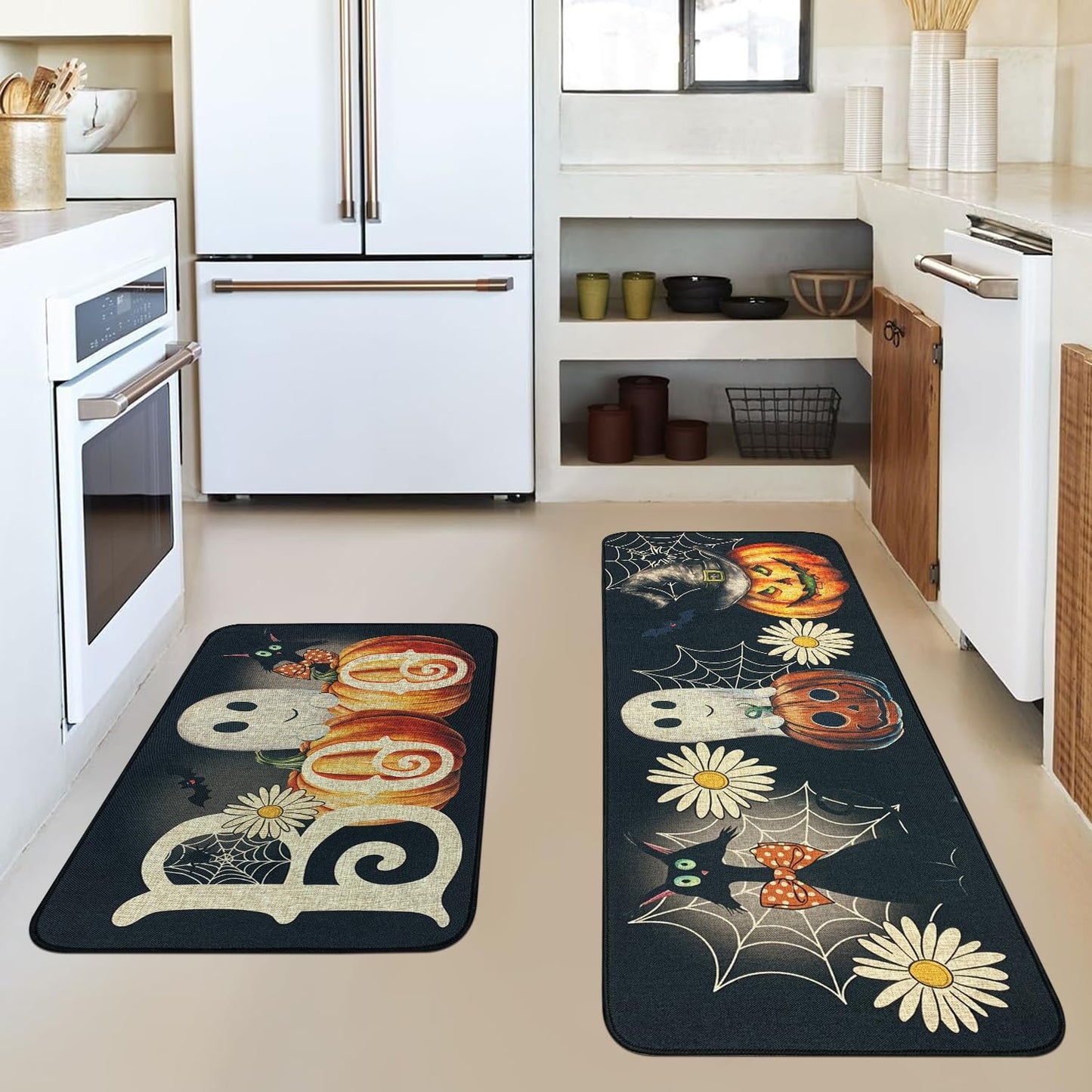 SHIYUE Halloween Kitchen Mat Set of 2, Ghost Pumpkin Boo Kitchen Rugs Farmhouse Modern, Non Skid Rubber Runner Decor Rugs（17x47in+17x30in） Black