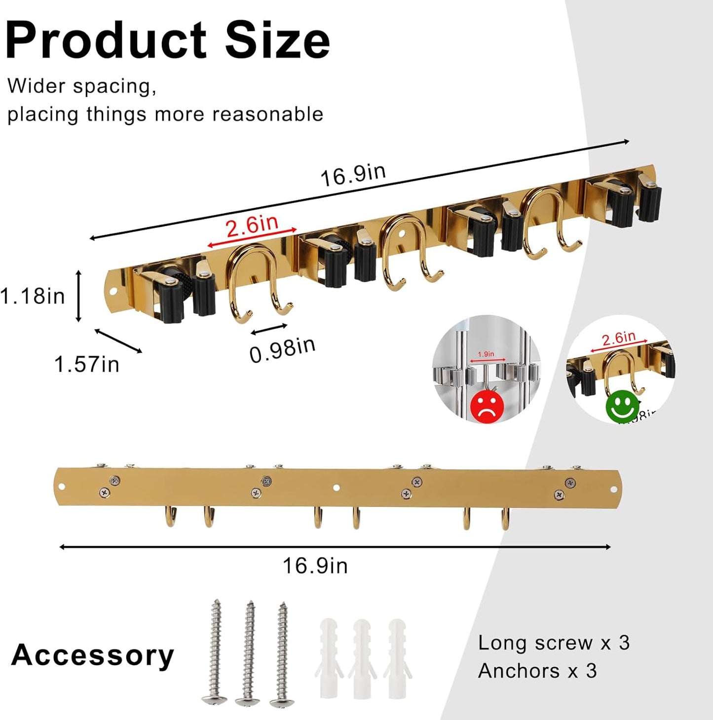 Skiennix Mop Broom Holder Wall Mount - Gold Stainless Steel Organizer with 4 Slots & 6 Hooks