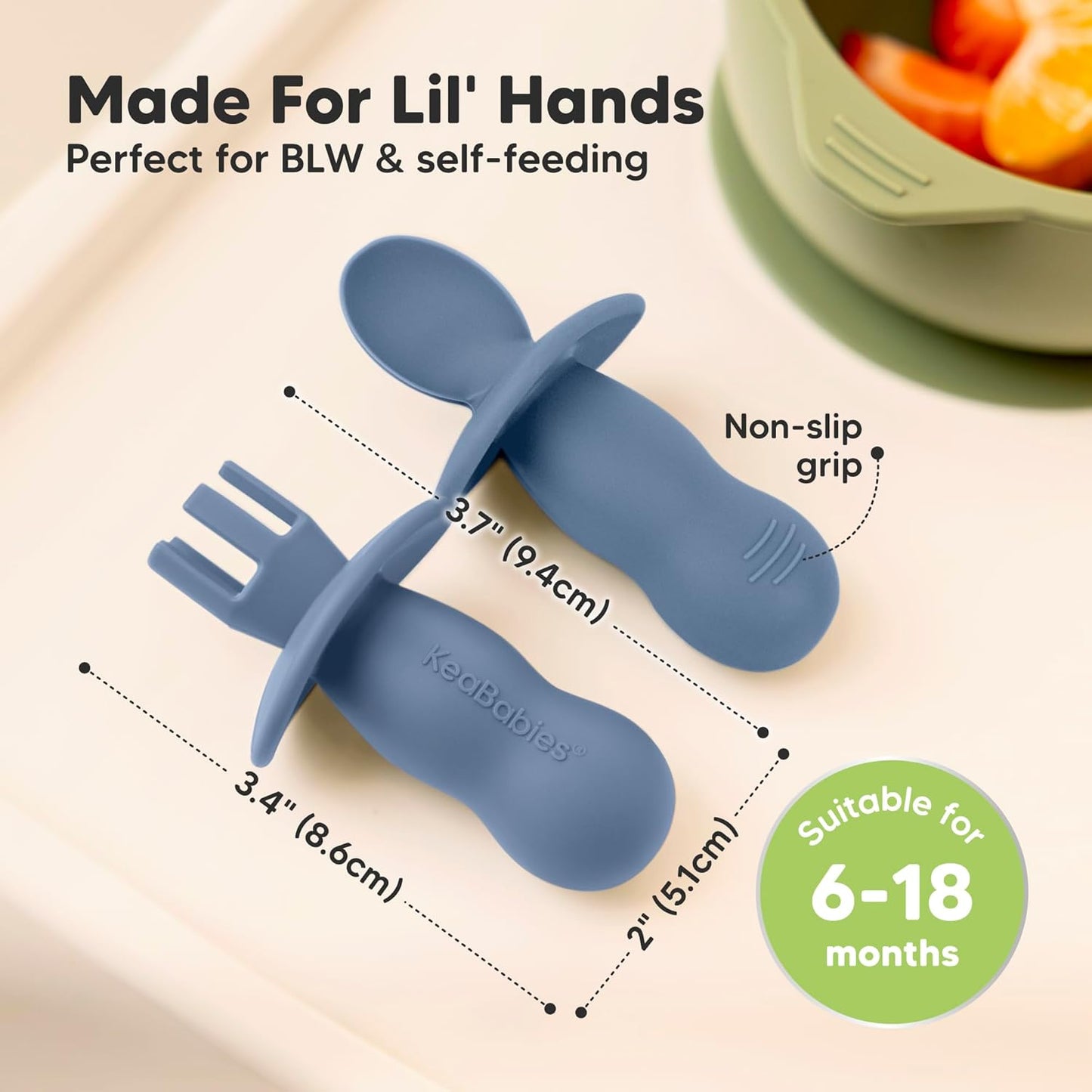 KeaBabies Silicone Baby Spoons & Forks Set - 4-Pack Utensils for Baby Led Weaning, BPA-Free (Slate)