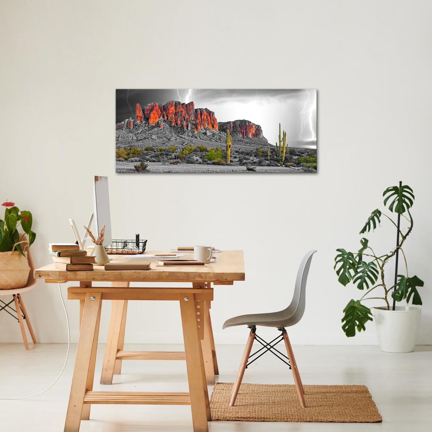 RnnJoile Cactus Landscape Wall Art Superstition Mountains Canvas Pictures Prints Desert Lightning Arizona Western Painting for Living Room Bedroom Home Decor Framed 20"x48"