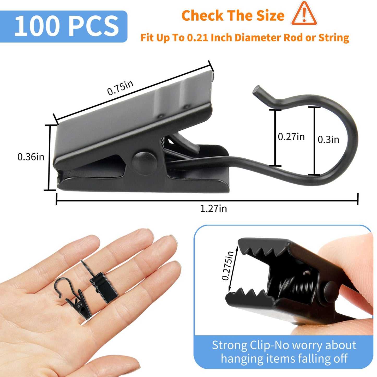 Manysky Curtain Clips Hooks, 100 Pack Stainless Iron Drapery Hooks Clips for Hanging Party String Lights Christmas Courtyards Decoration, Art Craft Display, Gutter Tent Camper Awning Hangers, Black