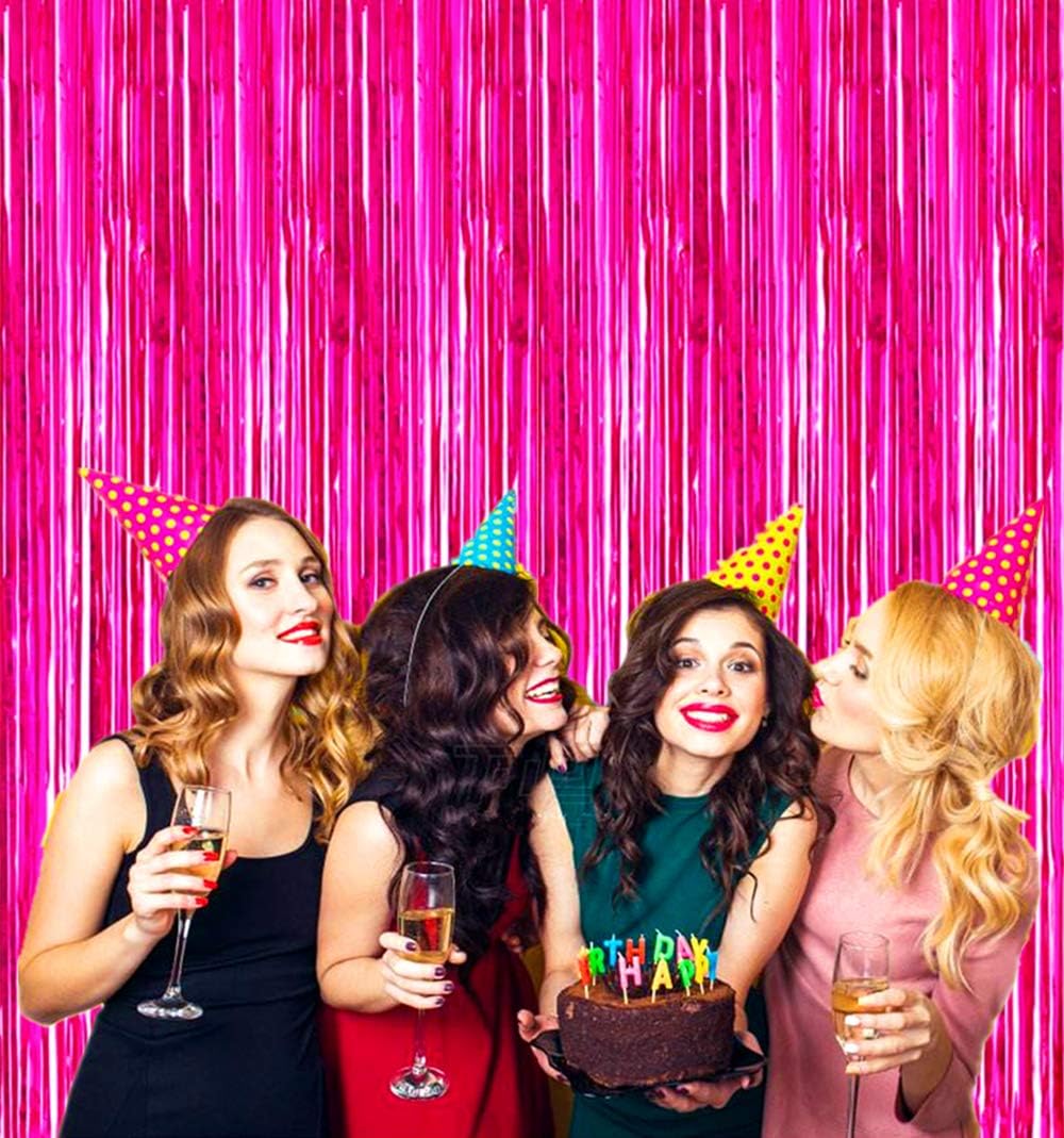 Shiny Hot Pink Metallic Tinsel Foil Fringe Curtains by [Brand Name] - 2 Pcs 3.2ft x 8.2ft Backdrop for Birthday & Wedding Celebrations