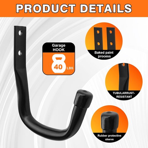 Heavy Duty Wall Garage Hooks by [Brand Name] - Steel Anti-Slip Utility Hangers for Ladders, Bikes & Tools | 10 Pack, Black