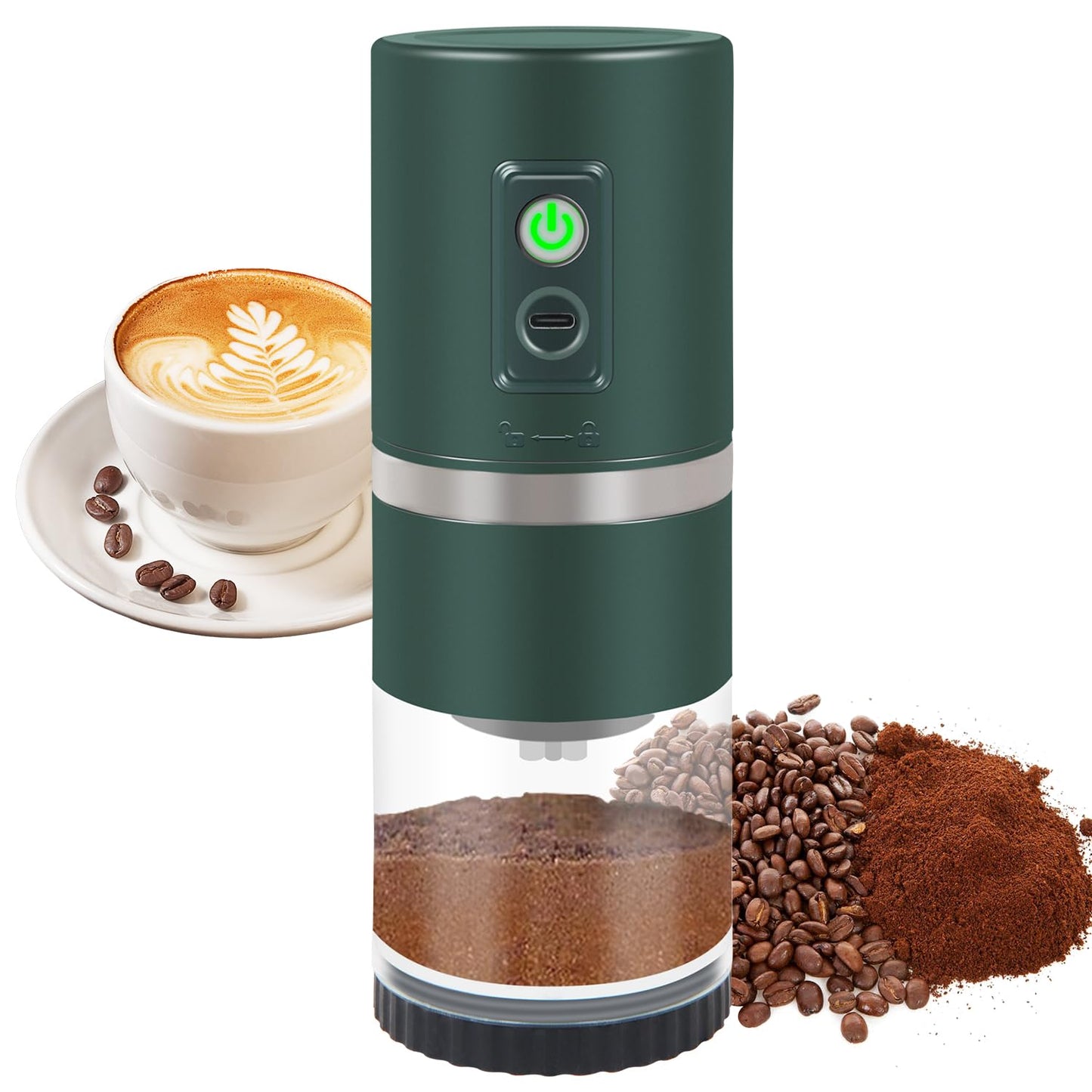 Portable Electric Coffee Grinder Stainless Steel Conical Burr Coffee Grinder with 45 Adjustable Settings Rechargeable Coffee Bean Grinder for Home, Travel, Camping, Office-Dark Green