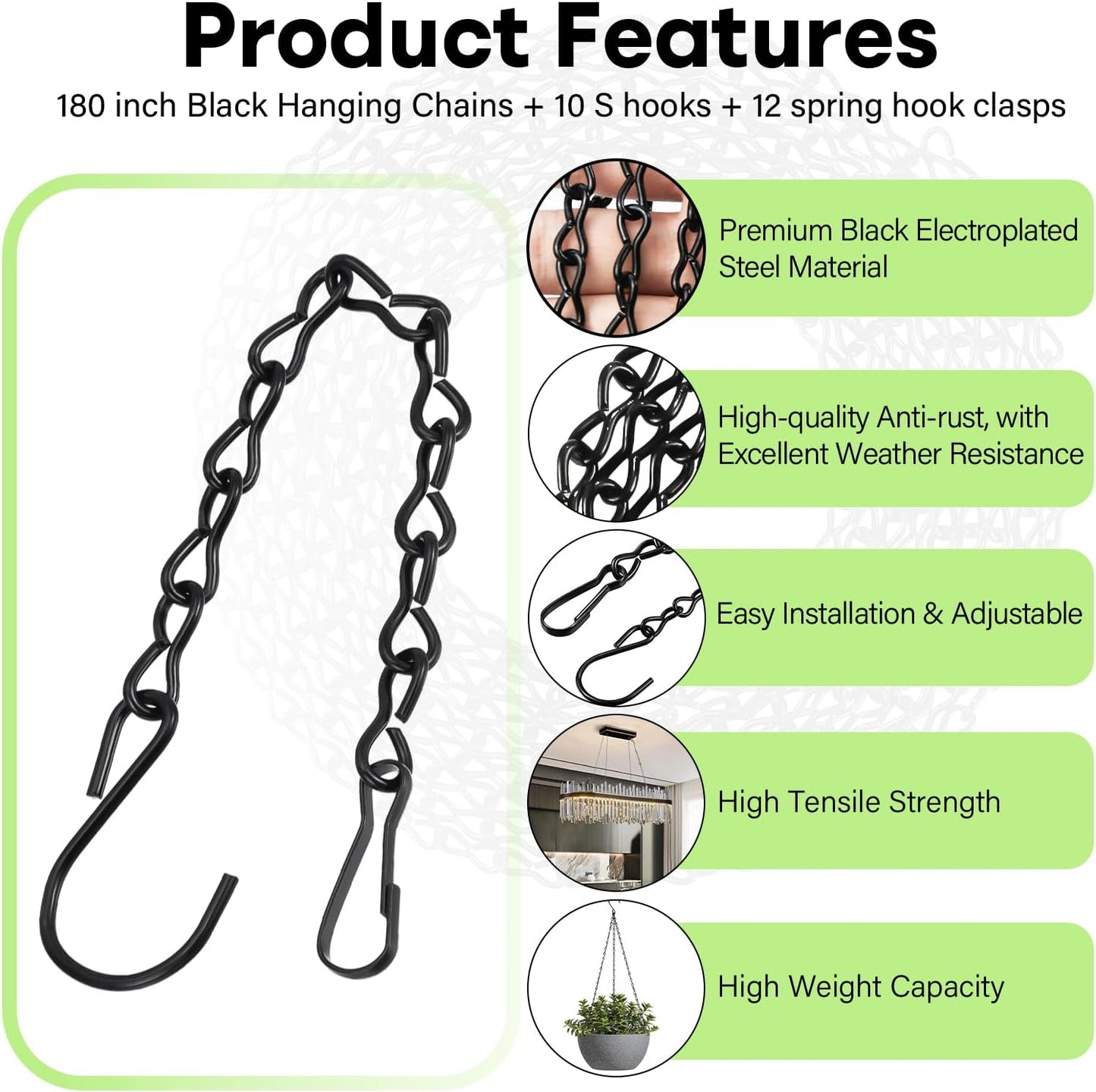 Skiennix Heavy Duty Metal Hanging Chains - Durable Hooks Set for Planters, Bird Feeders & Lanterns - Black