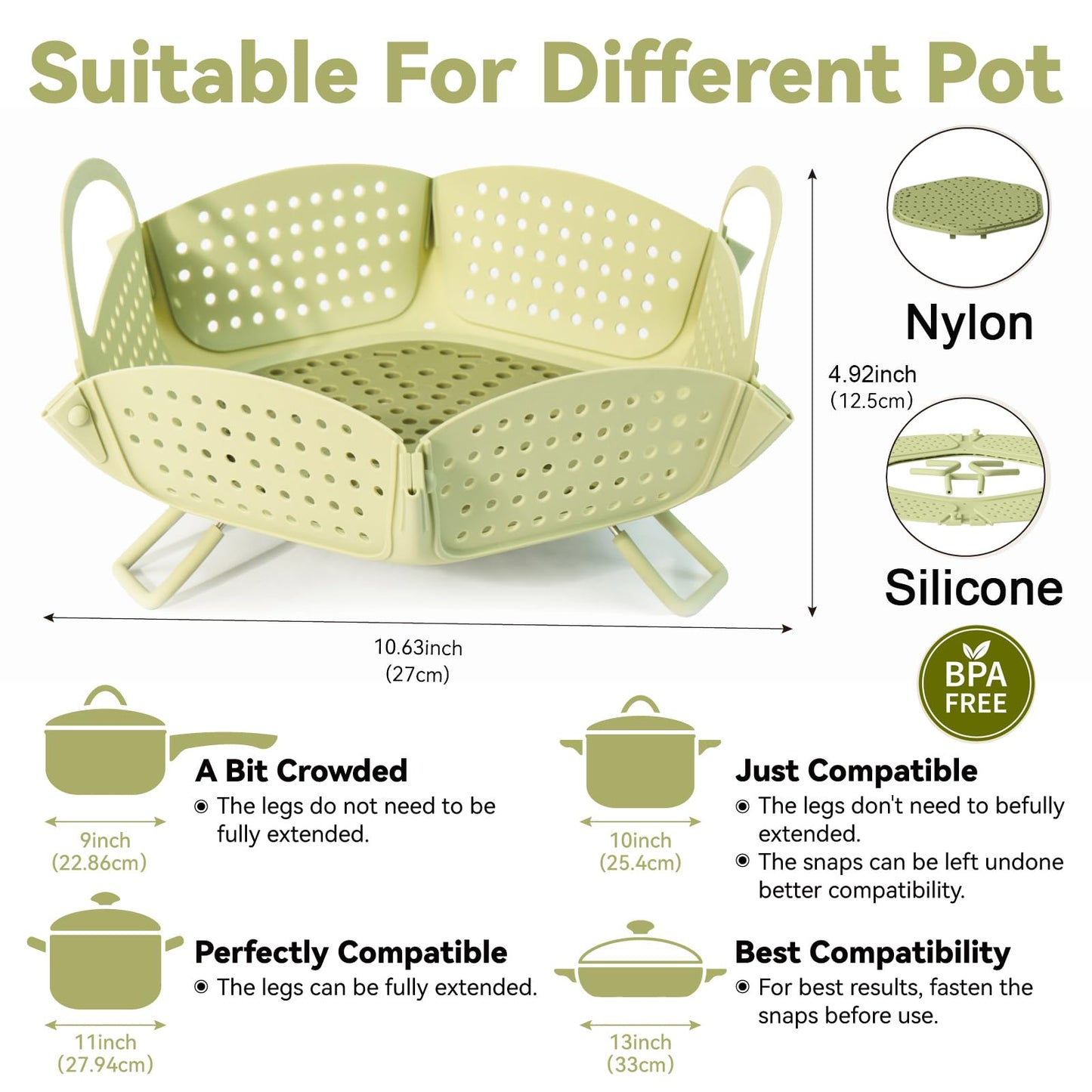 Large Collapsible Silicone Steamer Basket, Folding Silicone Vegetable Steamer Basket With Handles, BPA Free, Expandable for Pot, Non Slip Feet, Compact Storage, Dishwasher Safe
