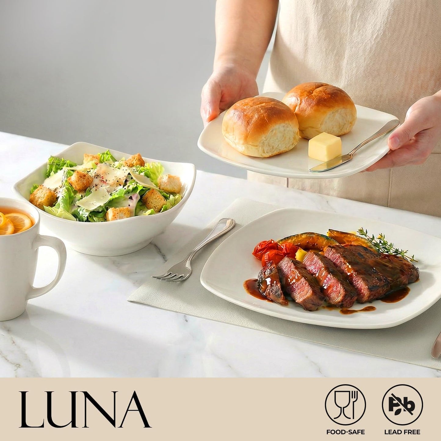 Zulay Kitchen 16-Piece Modern Porcelain Dinnerware Set - Chip & Scratch Resistant | Microwave & Dishwasher Safe, Pearl White