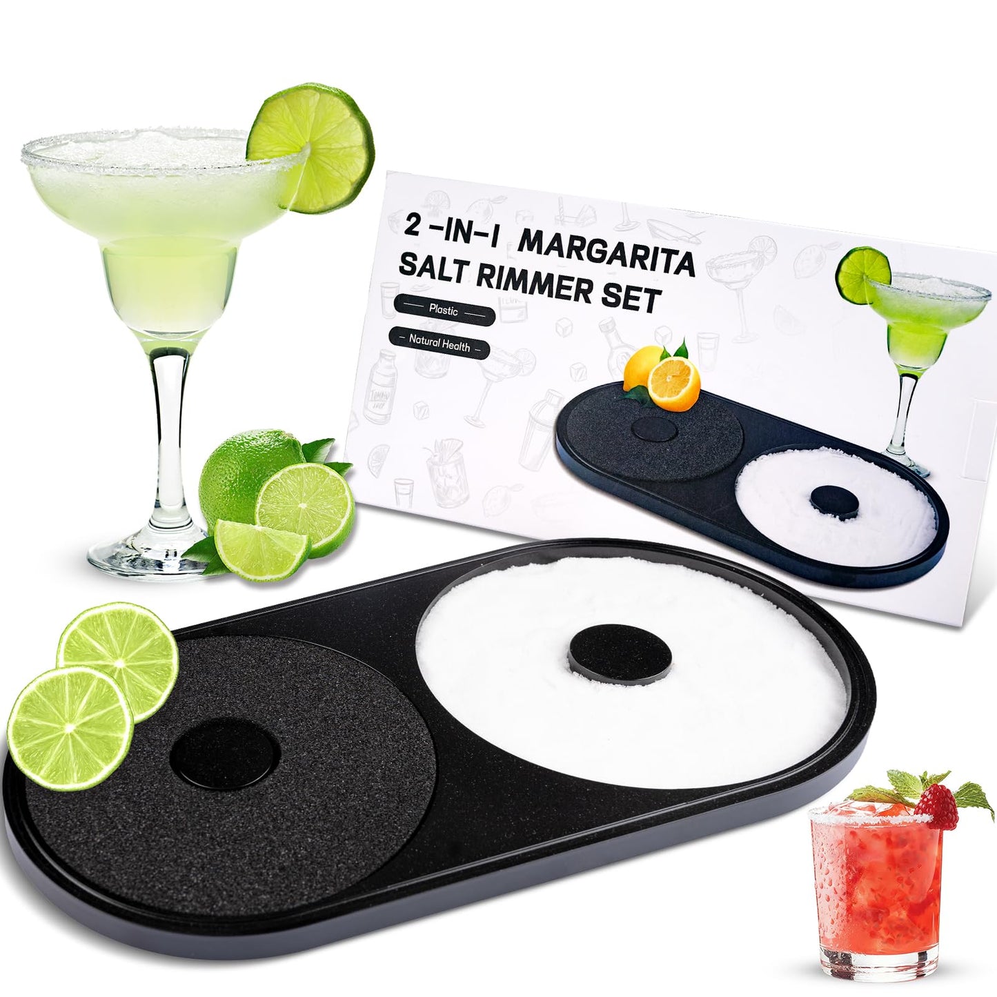 Margarita Salt Rimmer Set, 1 Pack Bar Salt and Sugar Rimmer with Sponge, 2-in-1 Bar Glass Cocktail Rim Set, Dishwasher Safe Black Barware Tools for Margarita Mojitos (Black)