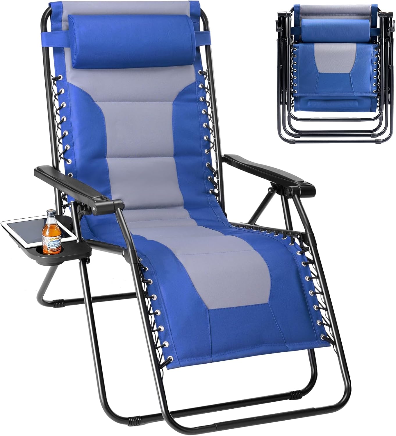 Sweetcrispy Zero Gravity Chairs - Oversized Foldable Patio Recliners with Adjustable Pillow & Cup Holder - Supports 400 lbs (Blue-Gray)