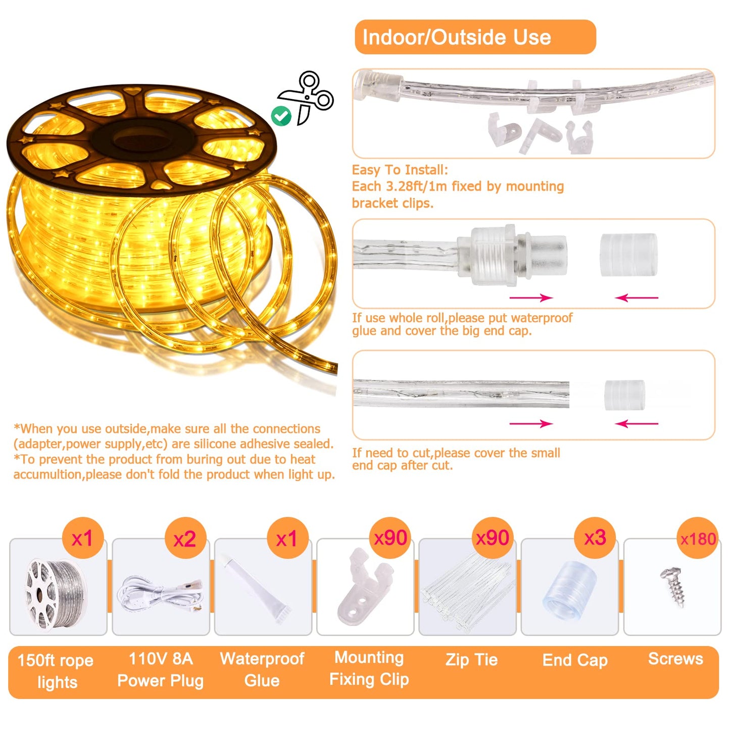 SURNIE 150FT LED Rope Lights Outdoor: Waterproof Flexible 110V 3000K Warm White LED String Light - Cuttable Connectable Clear Lighting Tube for Indoor Stairs Patio Garden Party Decor, Not Flat Strip